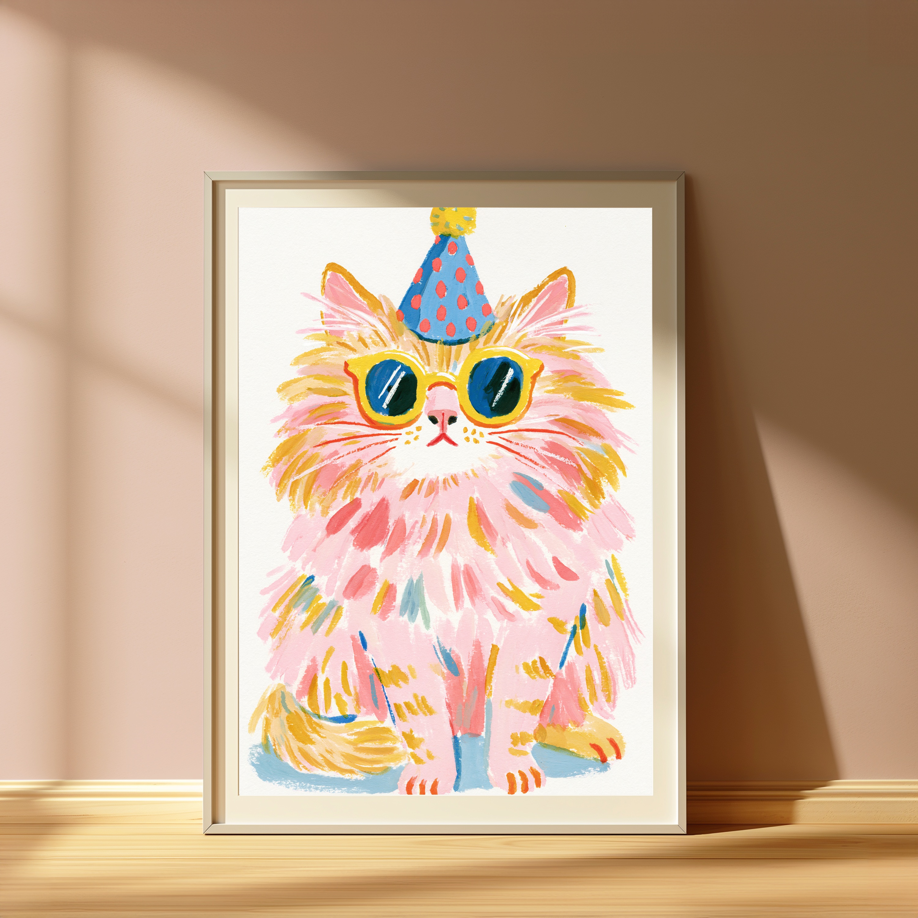 Fluffy Pink Cat Party Hat Pop Art Print view 4
