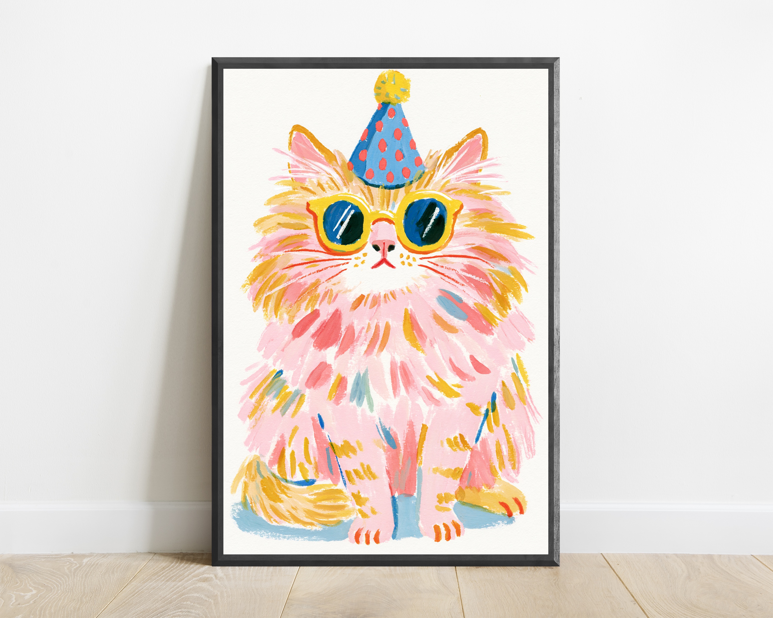Fluffy Pink Cat Party Hat Pop Art Print