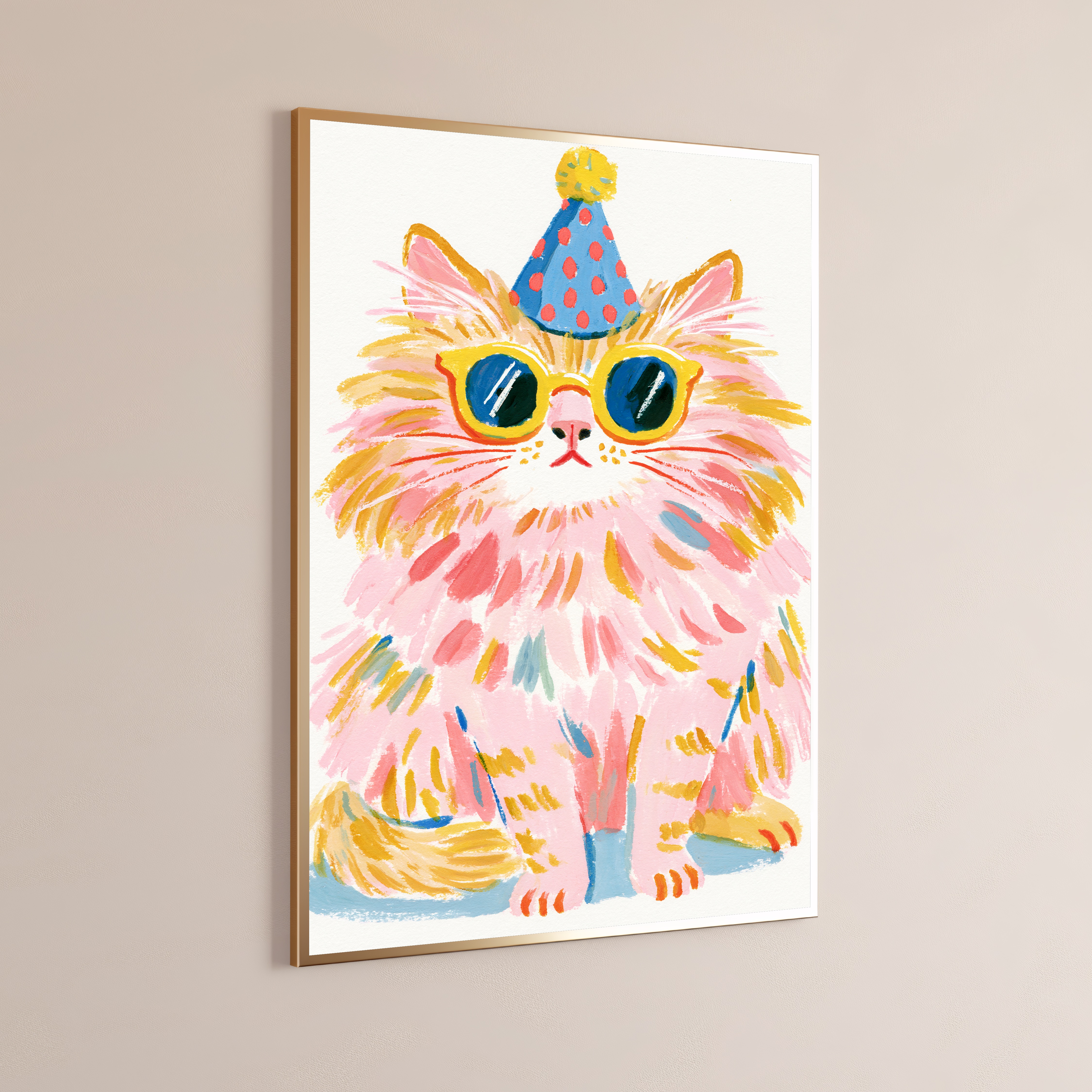 Fluffy Pink Cat Party Hat Pop Art Print
