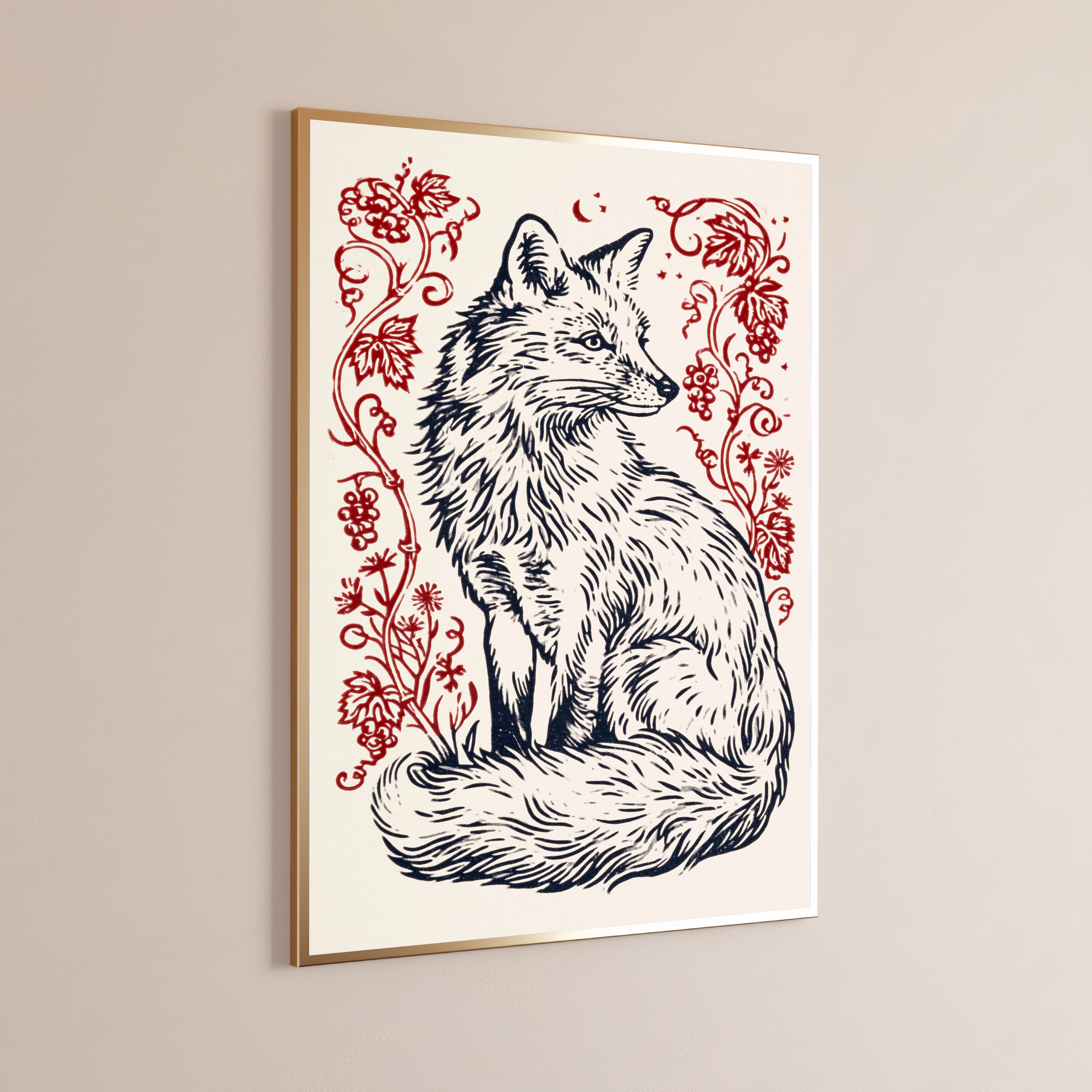 Fox with Berries Line Art Print