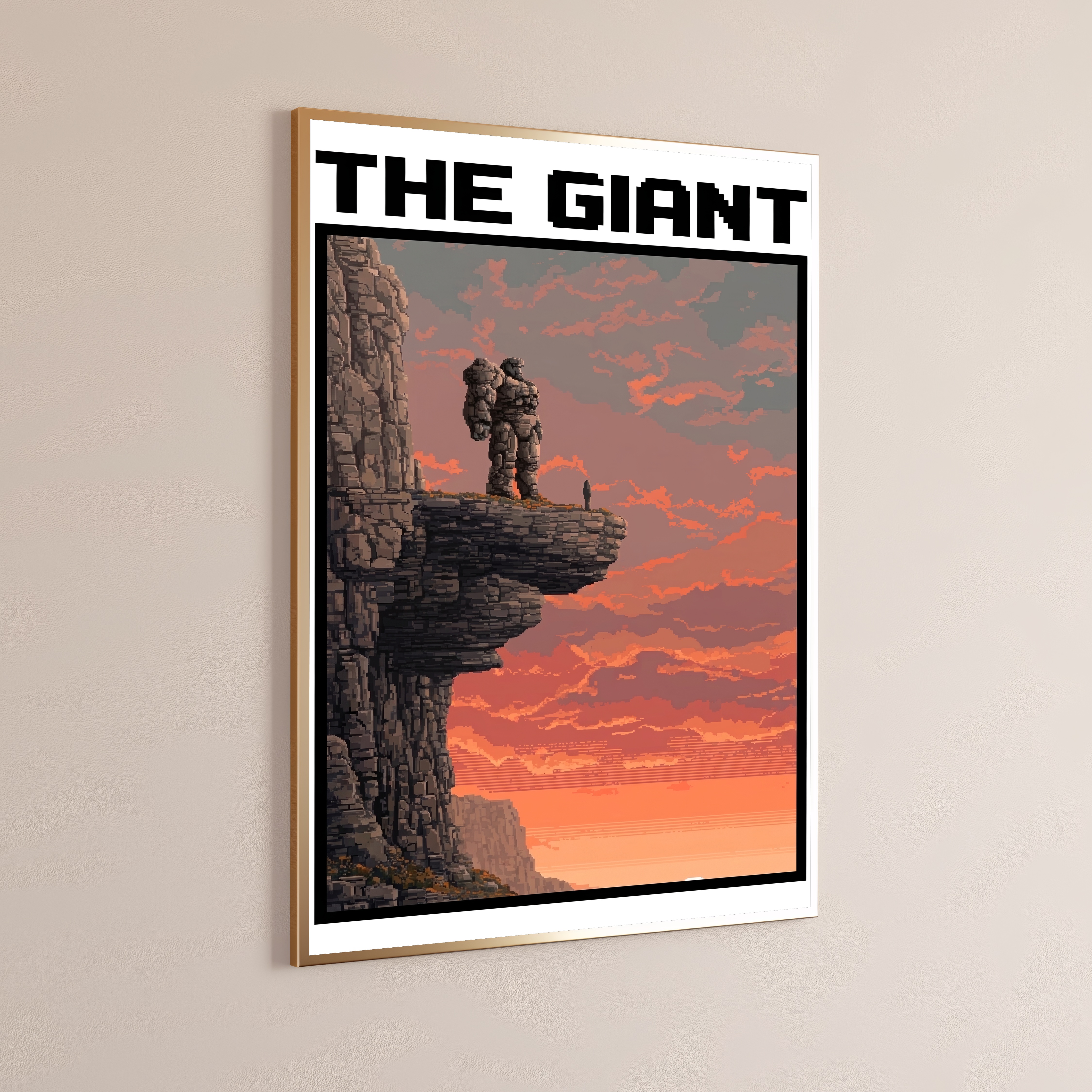 Giant Stone Warrior Cliff Sunset Pixel Art