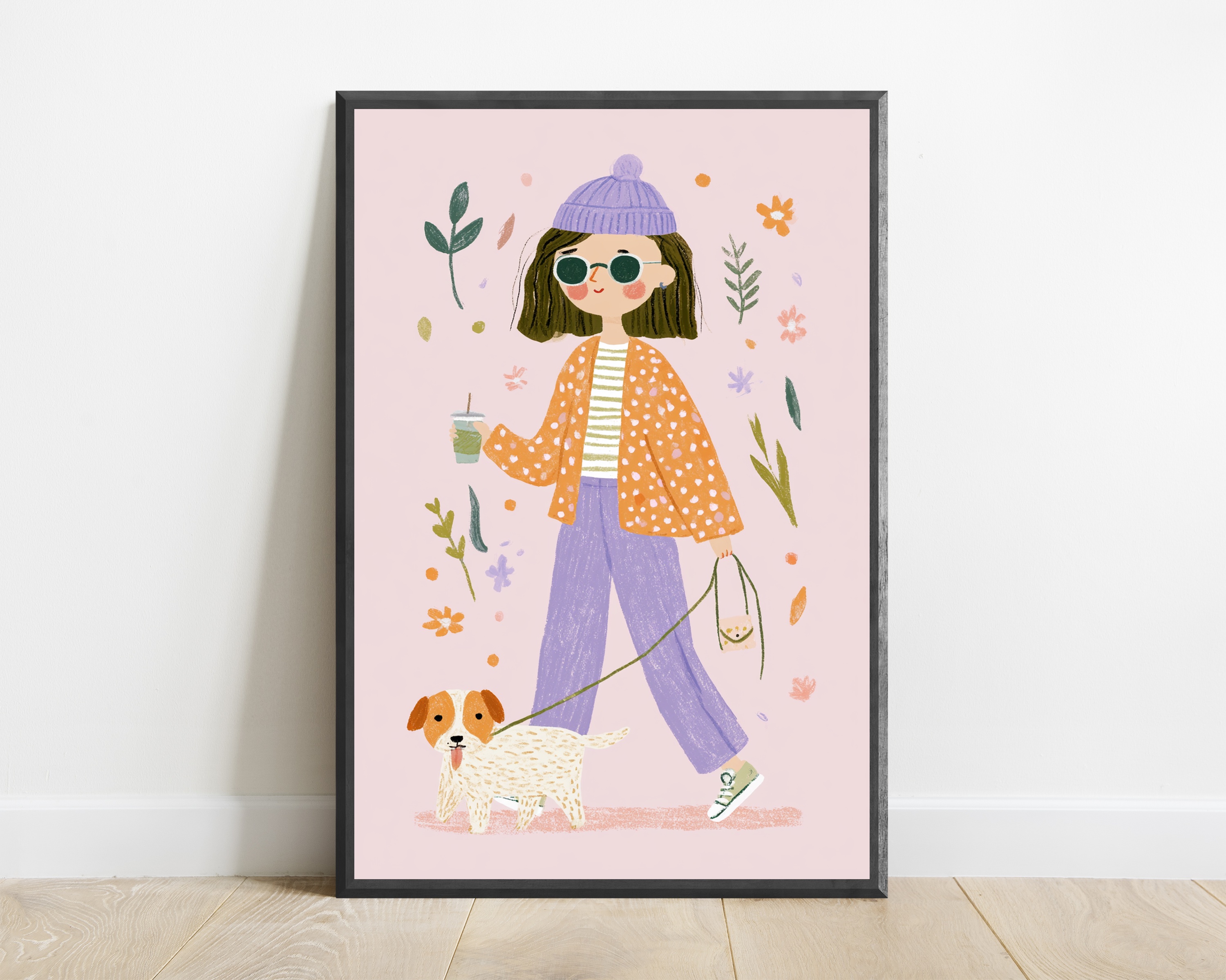 Girl with Dog Botanical Art Print
