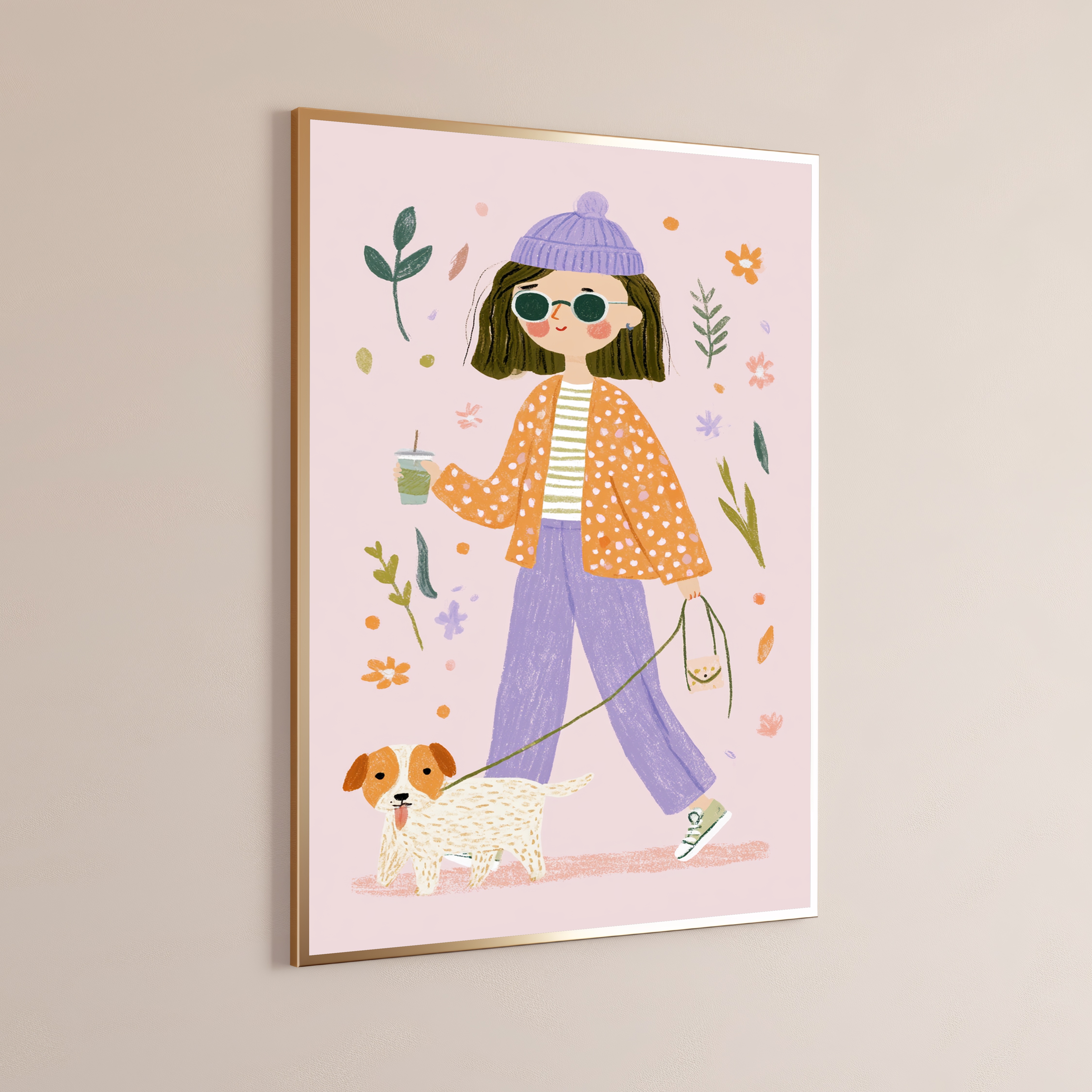 Girl with Dog Botanical Art Print