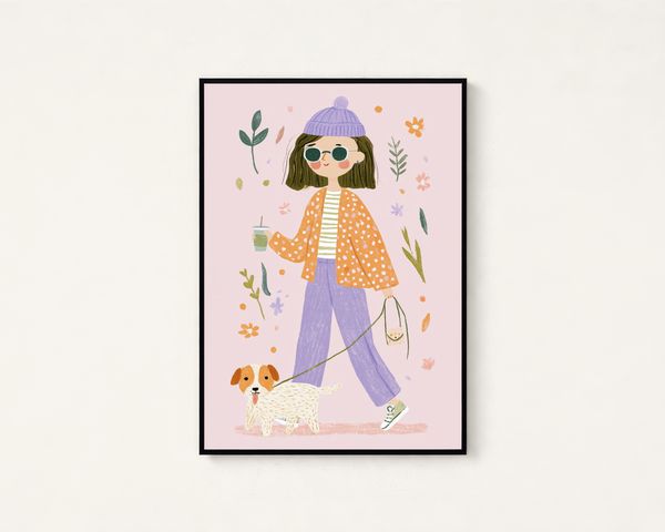 Girl with Dog Botanical Art Print