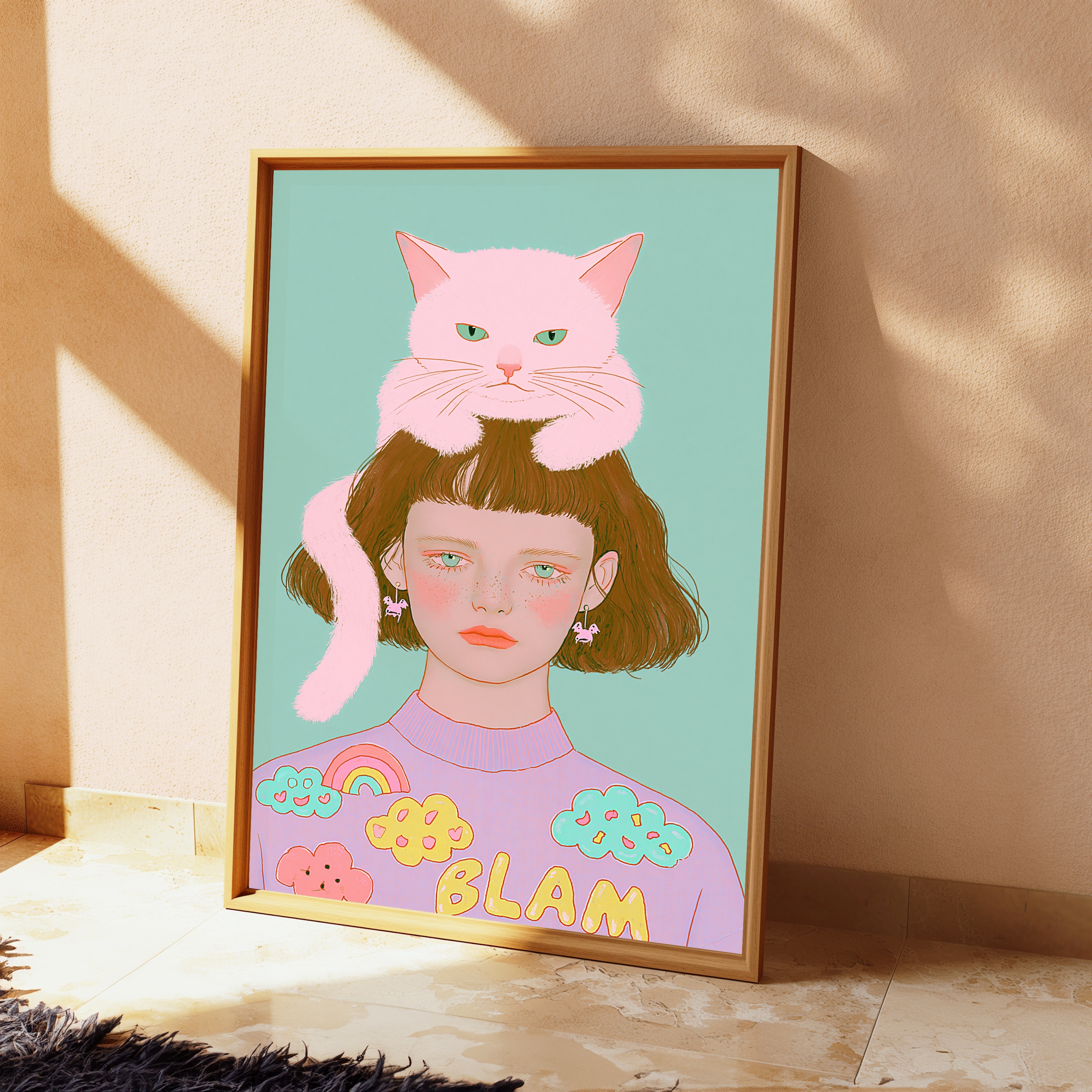 Girl with Pink Cat Minimalist Pop Art Print view 2