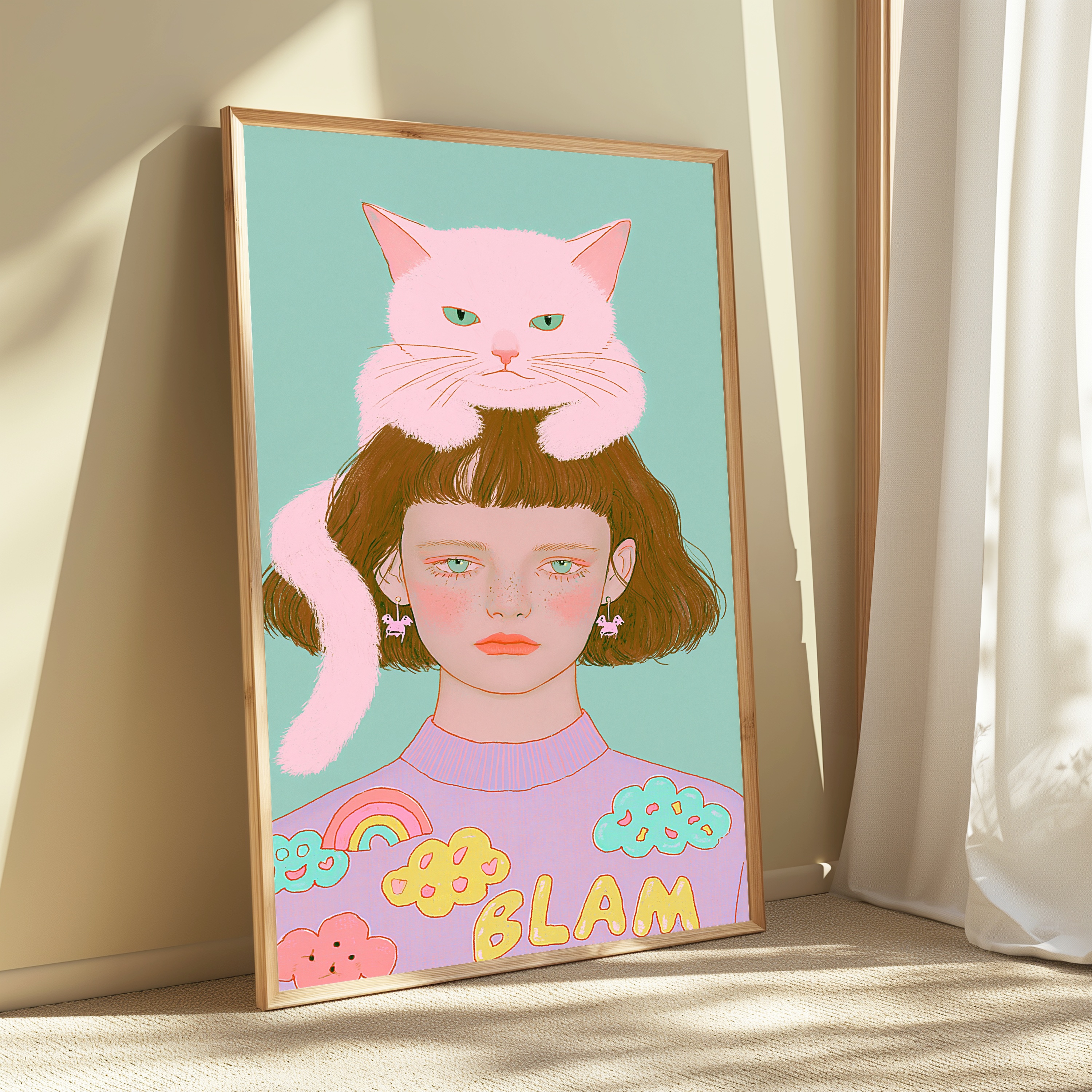 Girl with Pink Cat Minimalist Pop Art Print view 3