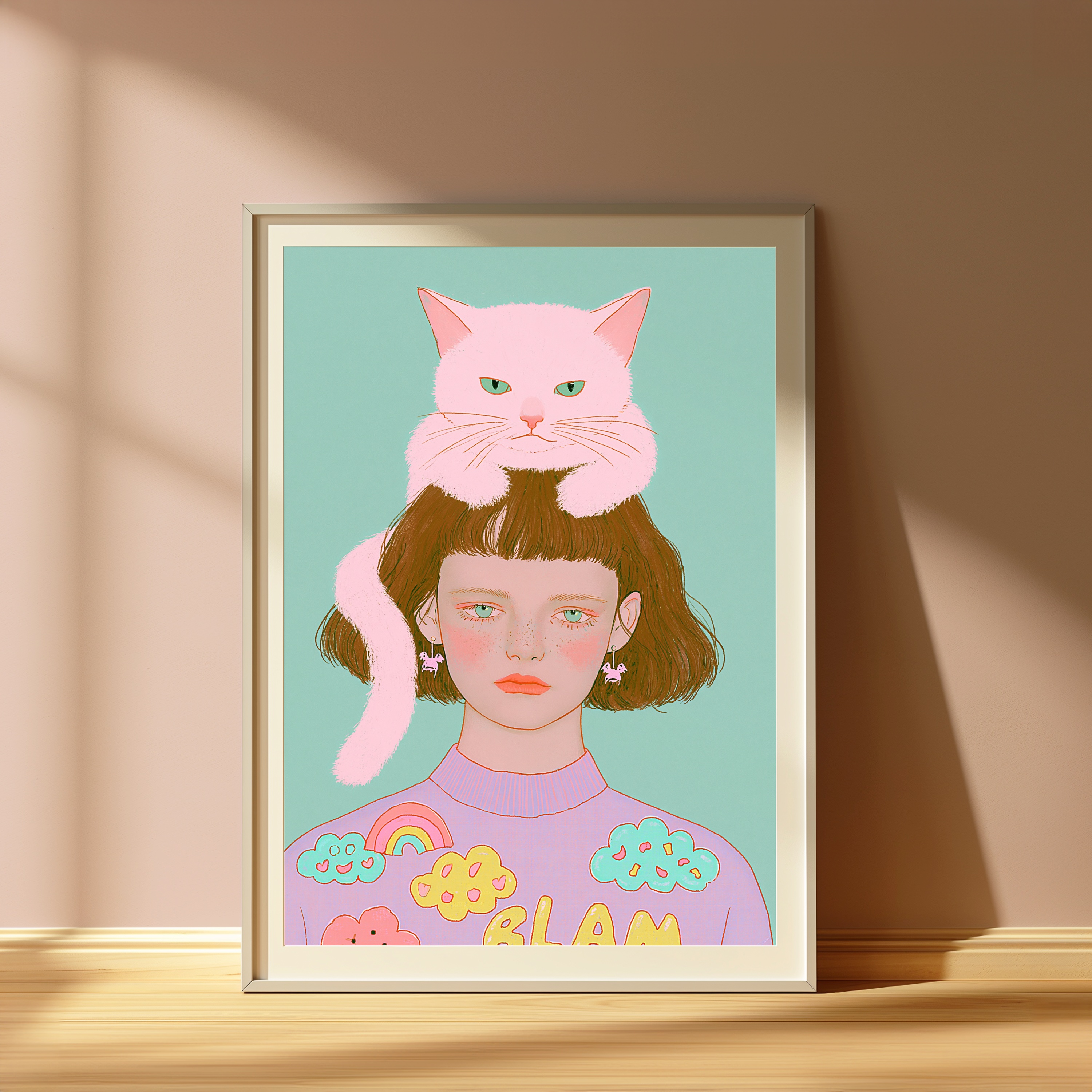 Girl with Pink Cat Minimalist Pop Art Print view 4