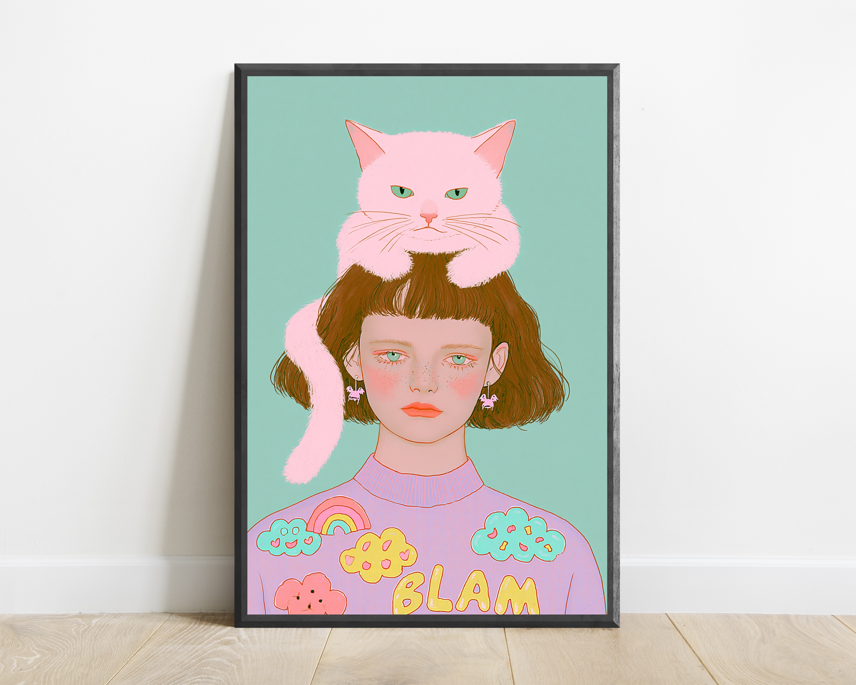 Girl with Pink Cat Minimalist Pop Art Print