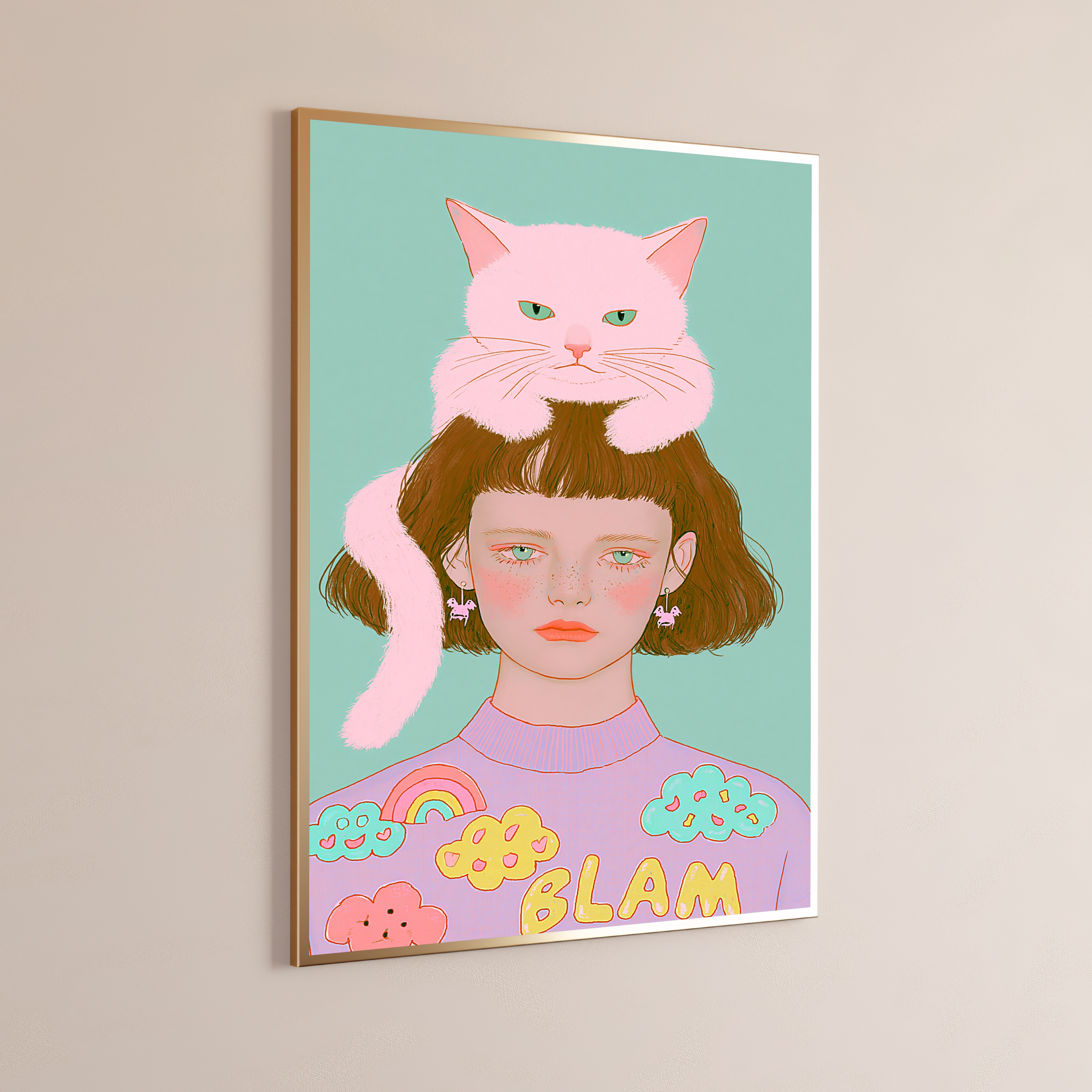 Girl with Pink Cat Minimalist Pop Art Print