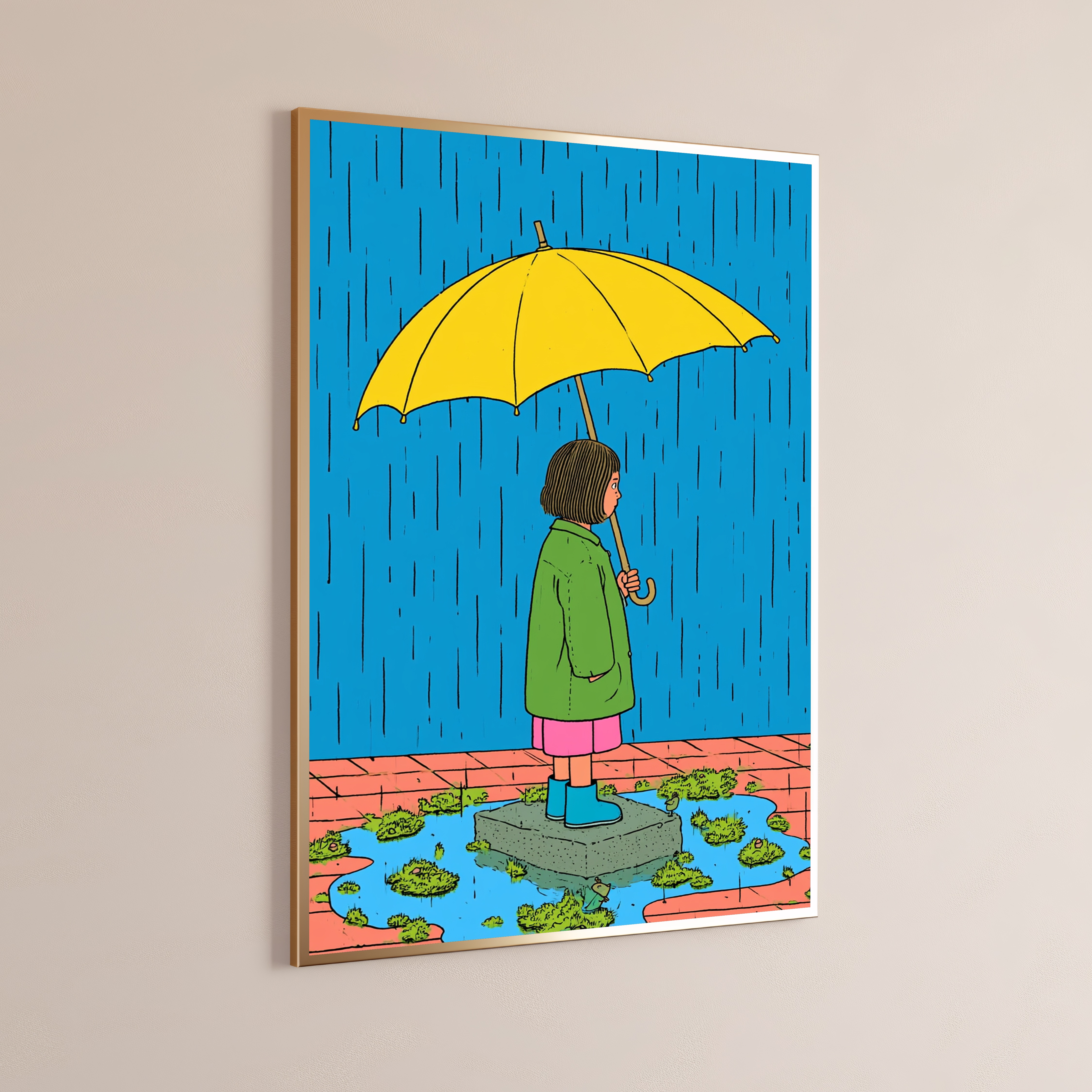 Girl with Yellow Umbrella Rain Print