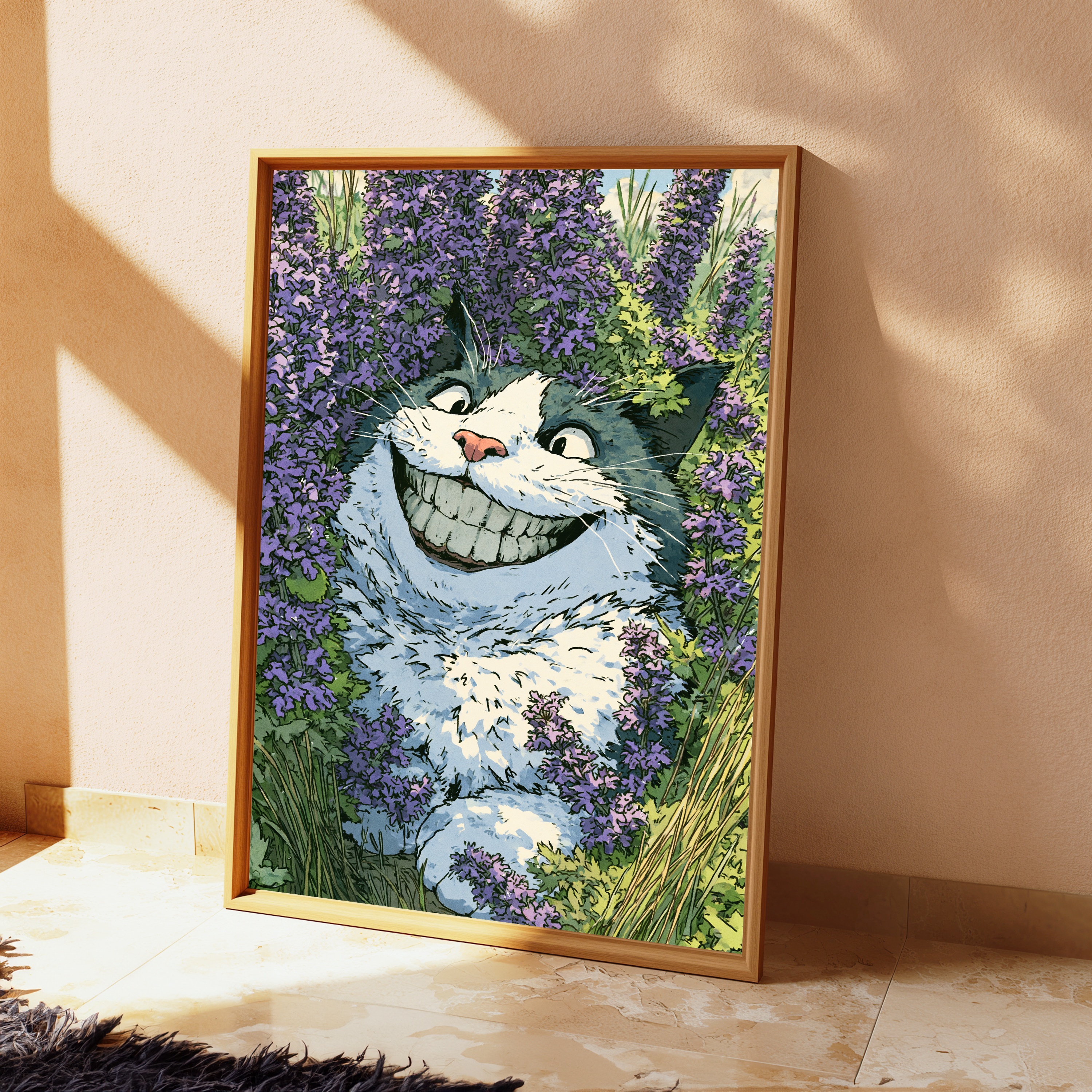 Grinning Cat in Lavender Garden Pop Art Print view 2