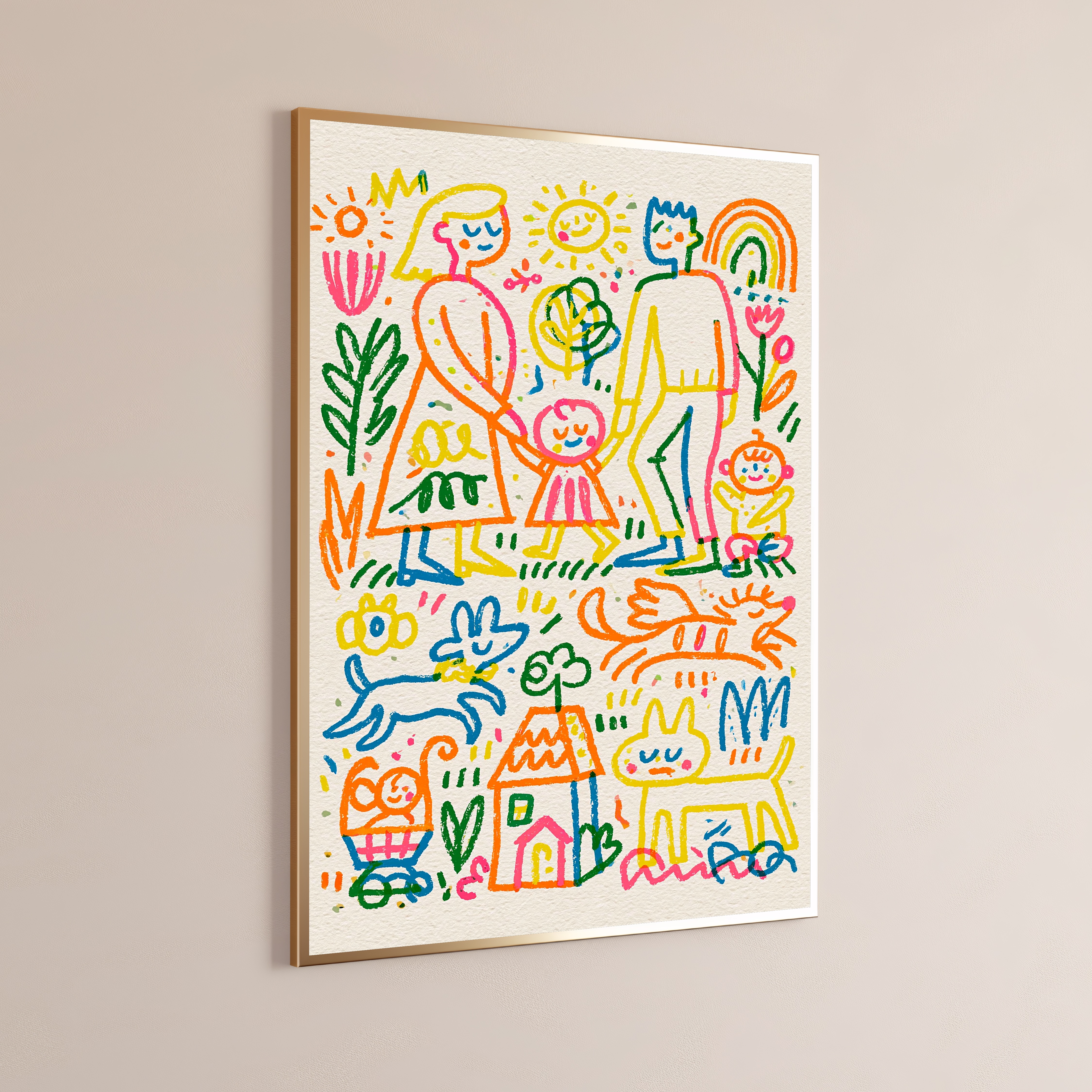 Happy Family Colourful Line Art Print