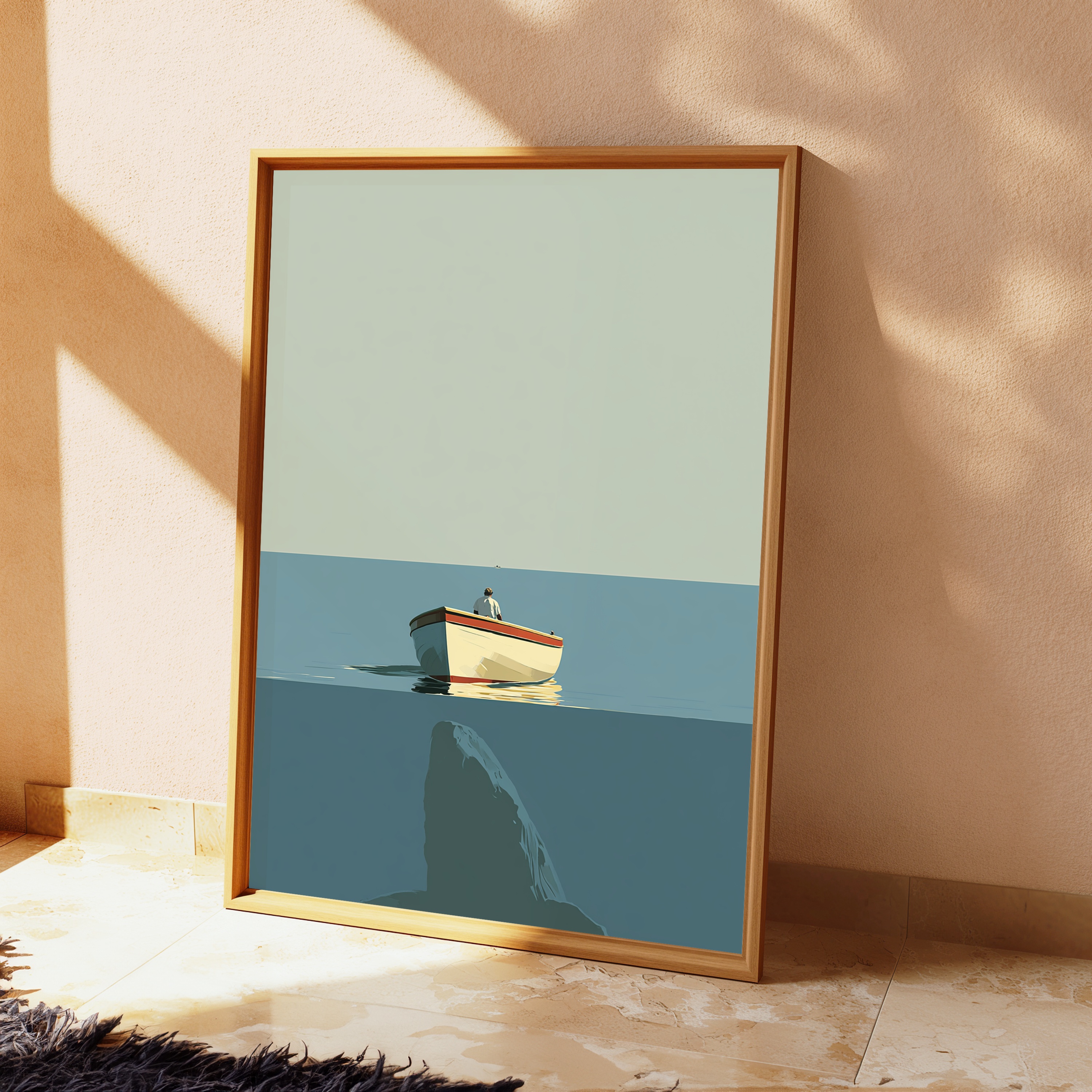 Lone Fisherman Rowing Boat Minimalist Print view 2