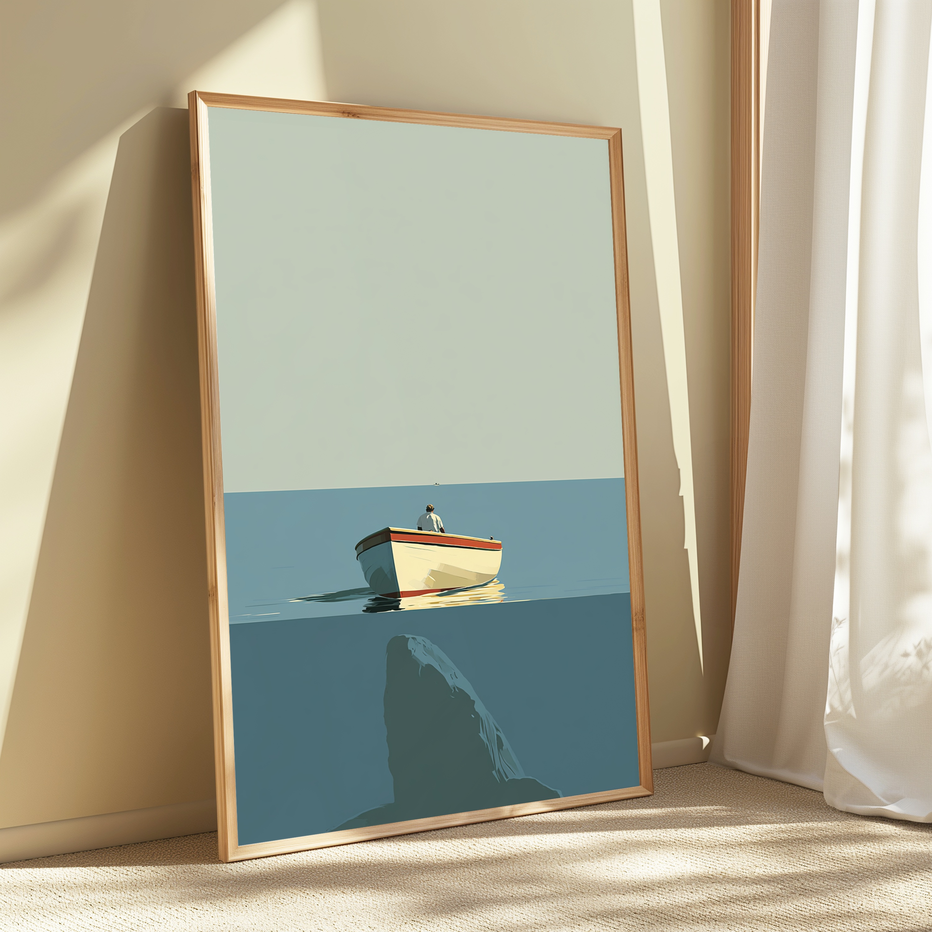 Lone Fisherman Rowing Boat Minimalist Print view 3