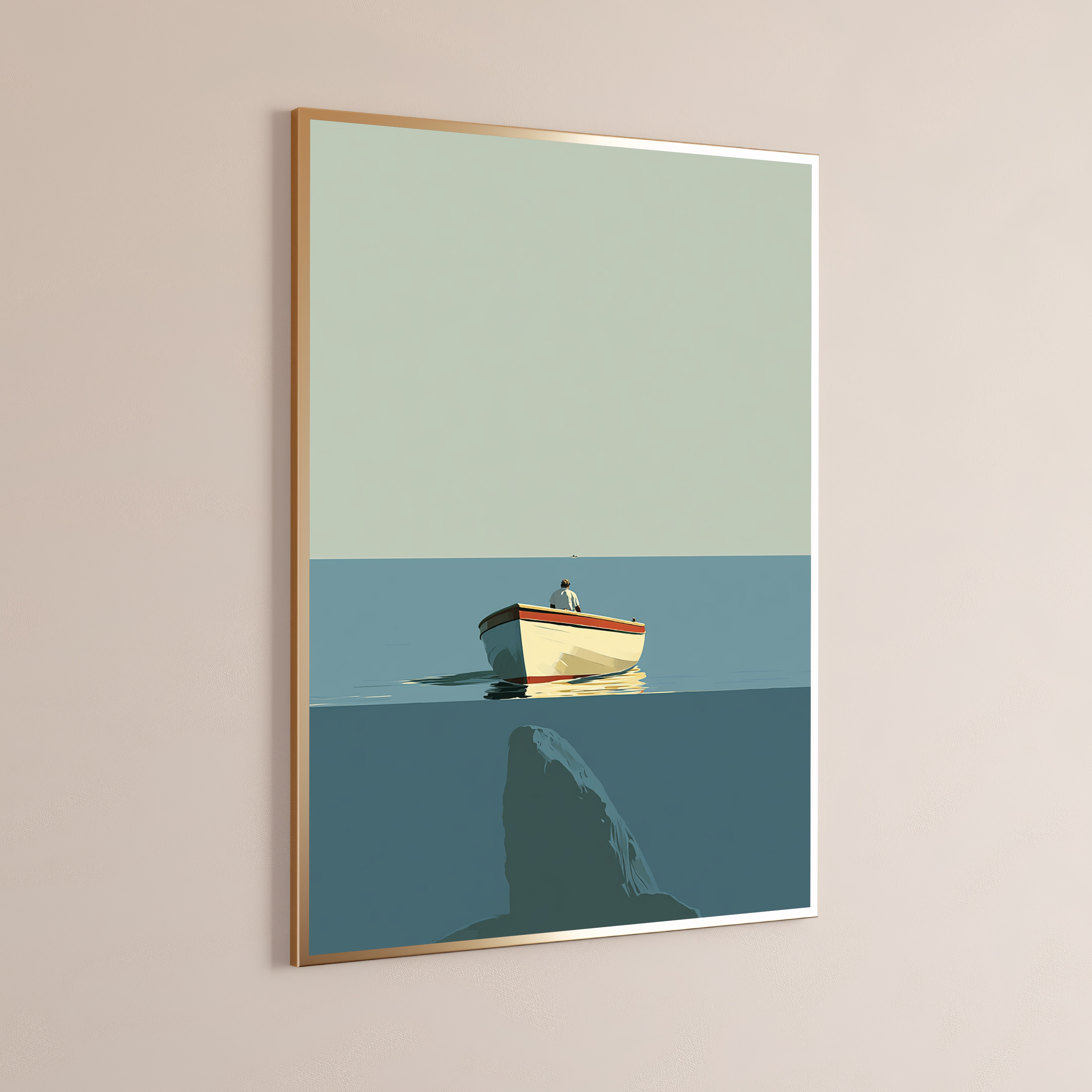 Lone Fisherman Rowing Boat Minimalist Print