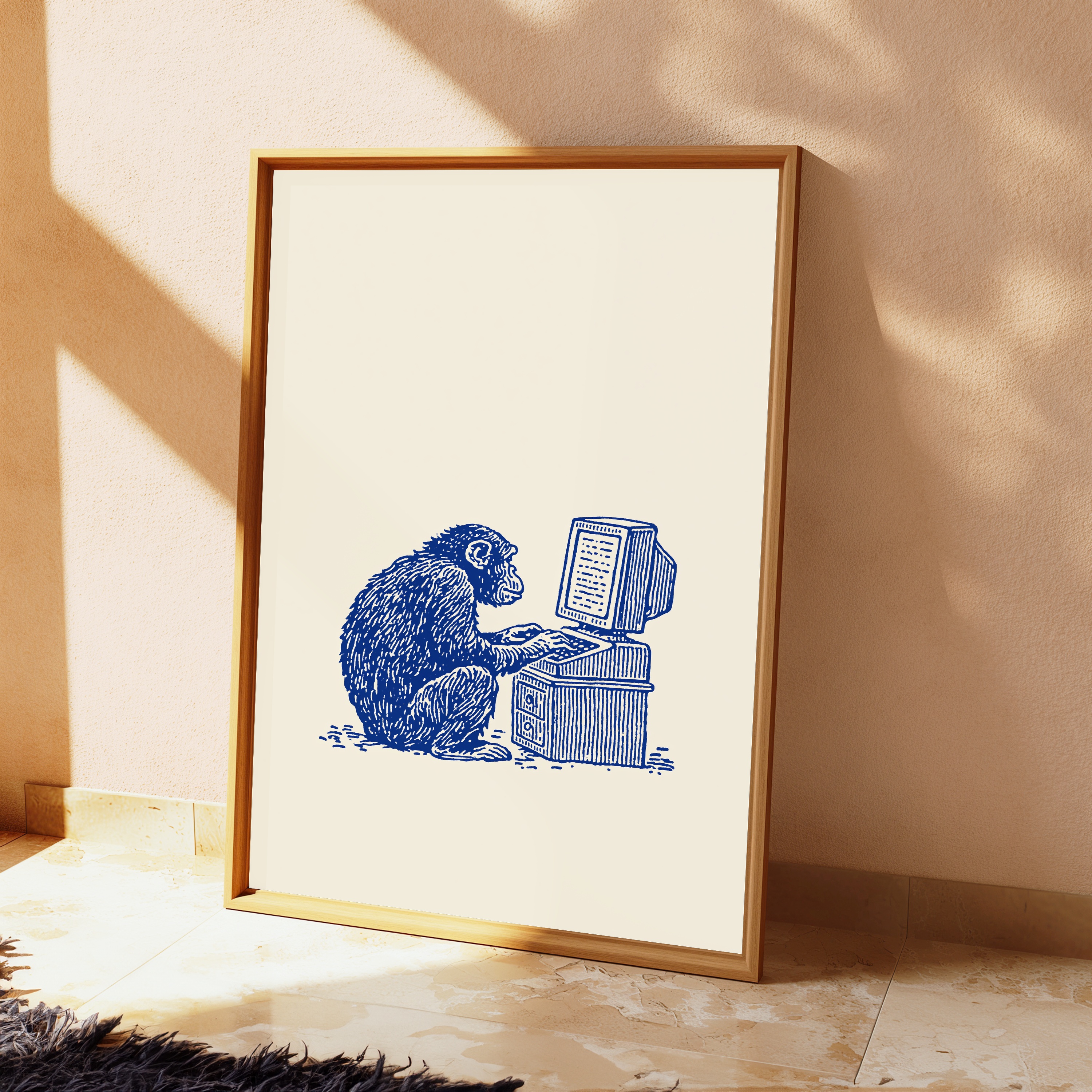 Monkey at Computer Retro Engraving view 2