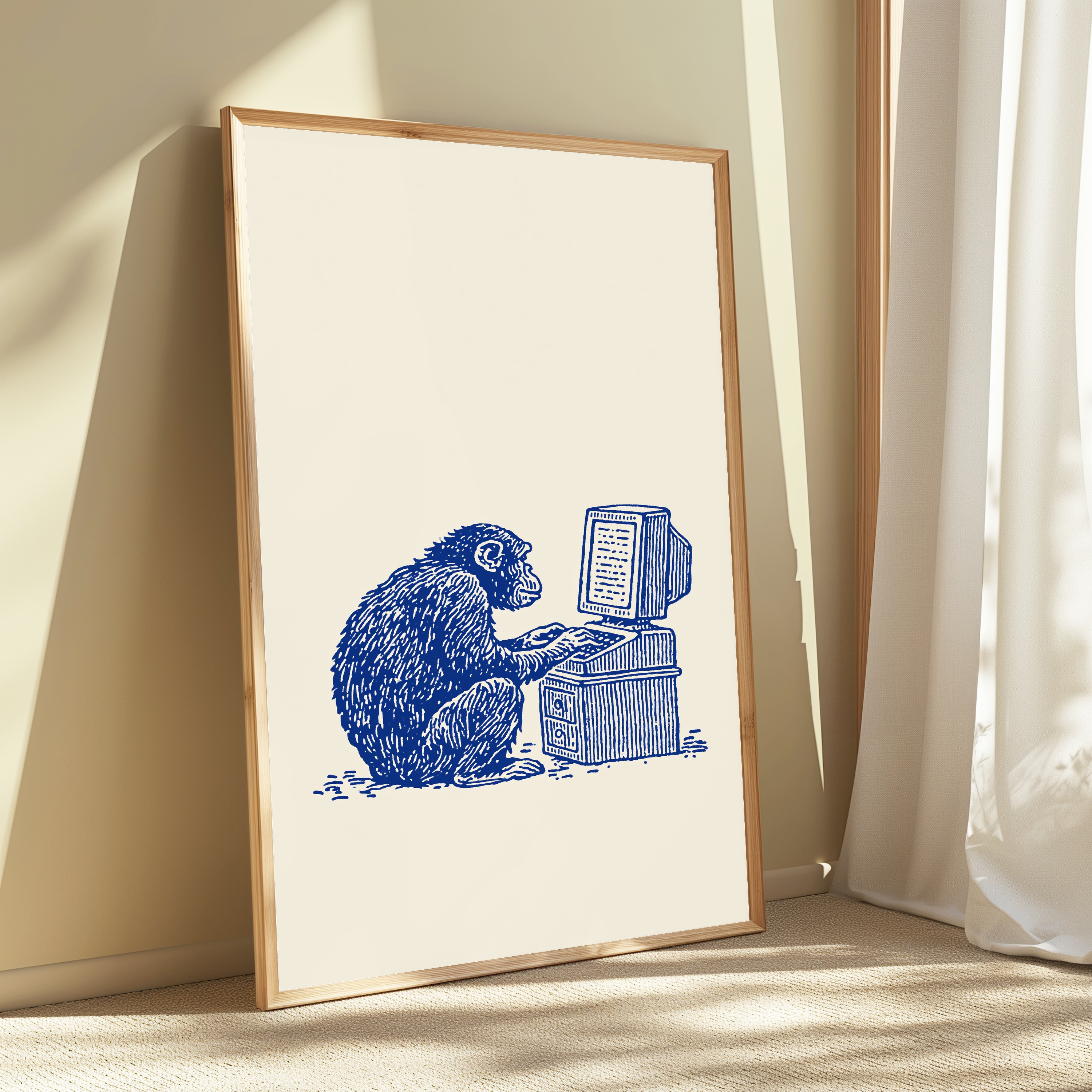 Monkey at Computer Retro Engraving view 3