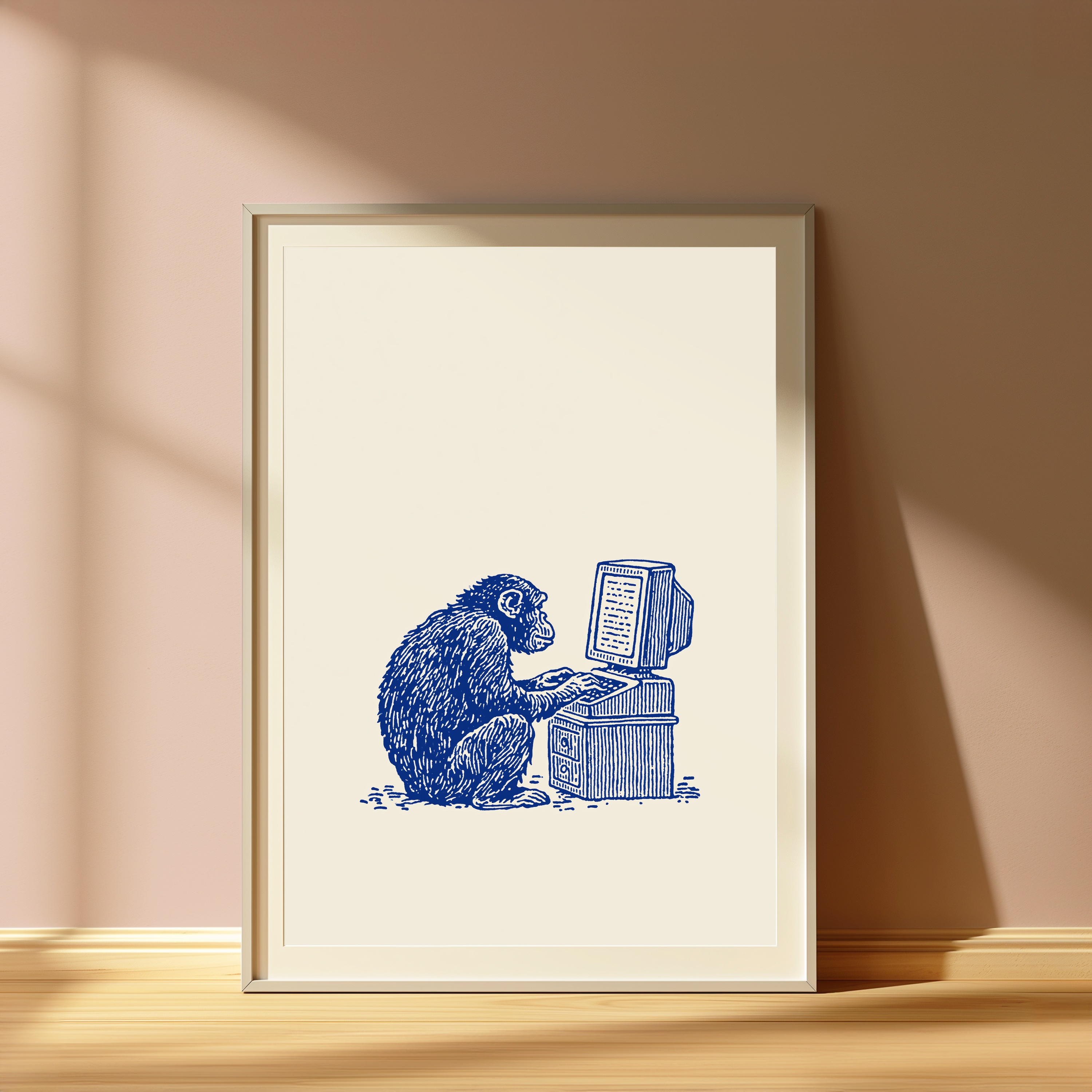 Monkey at Computer Retro Engraving view 4