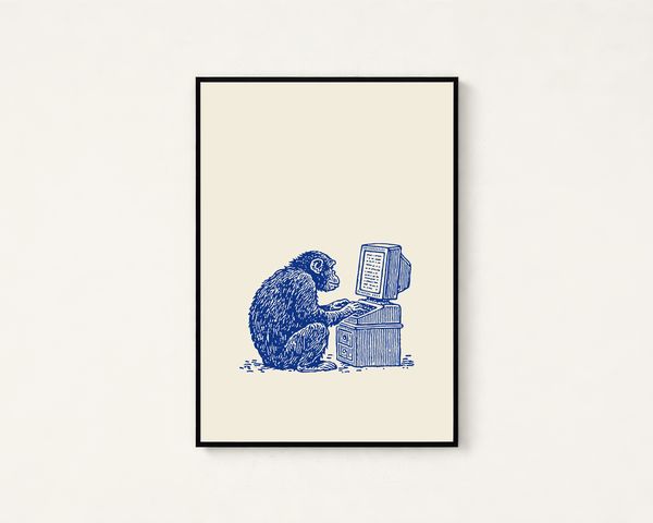 Retro Monkey at Computer Print