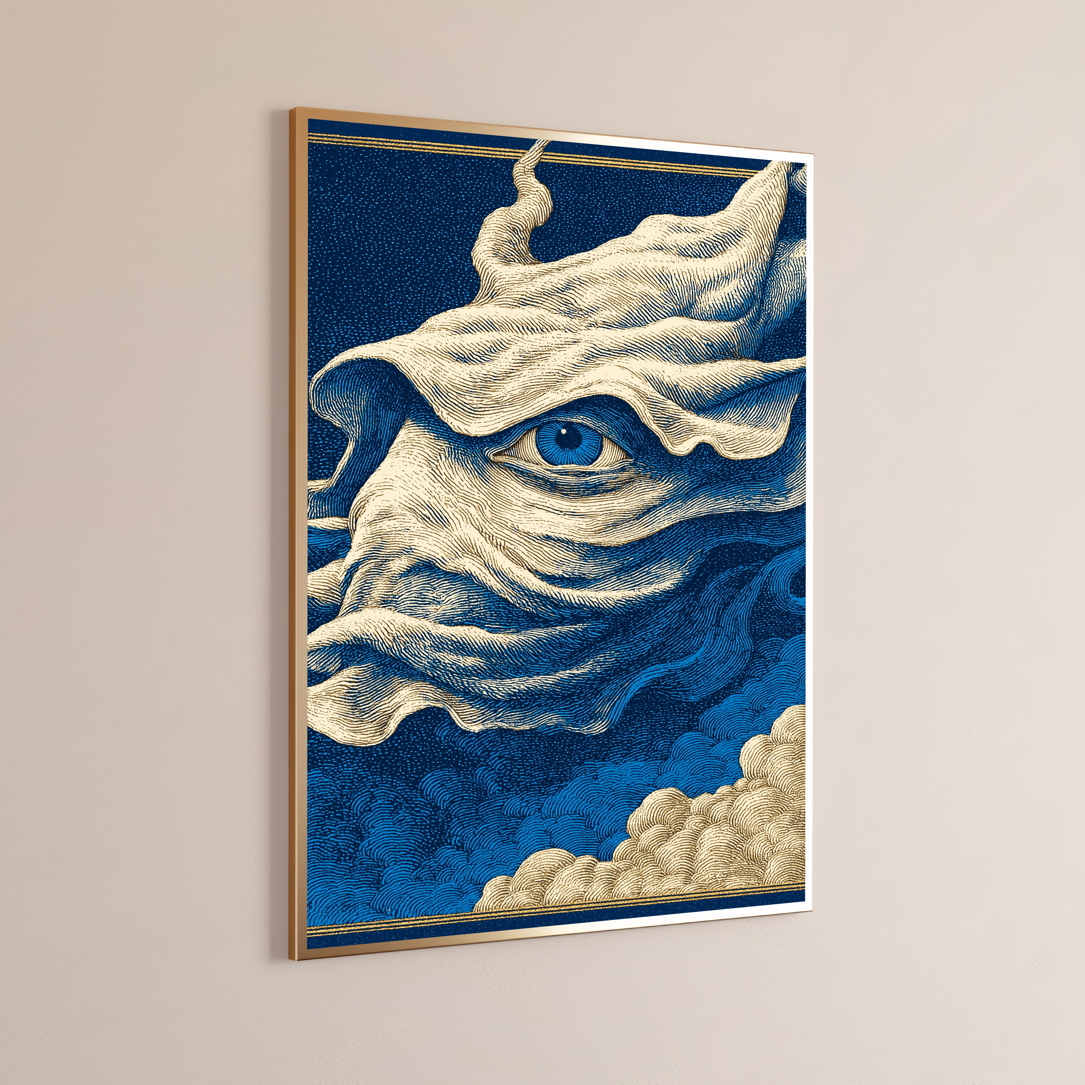 Mystical Eye in Clouds Gold Line Art