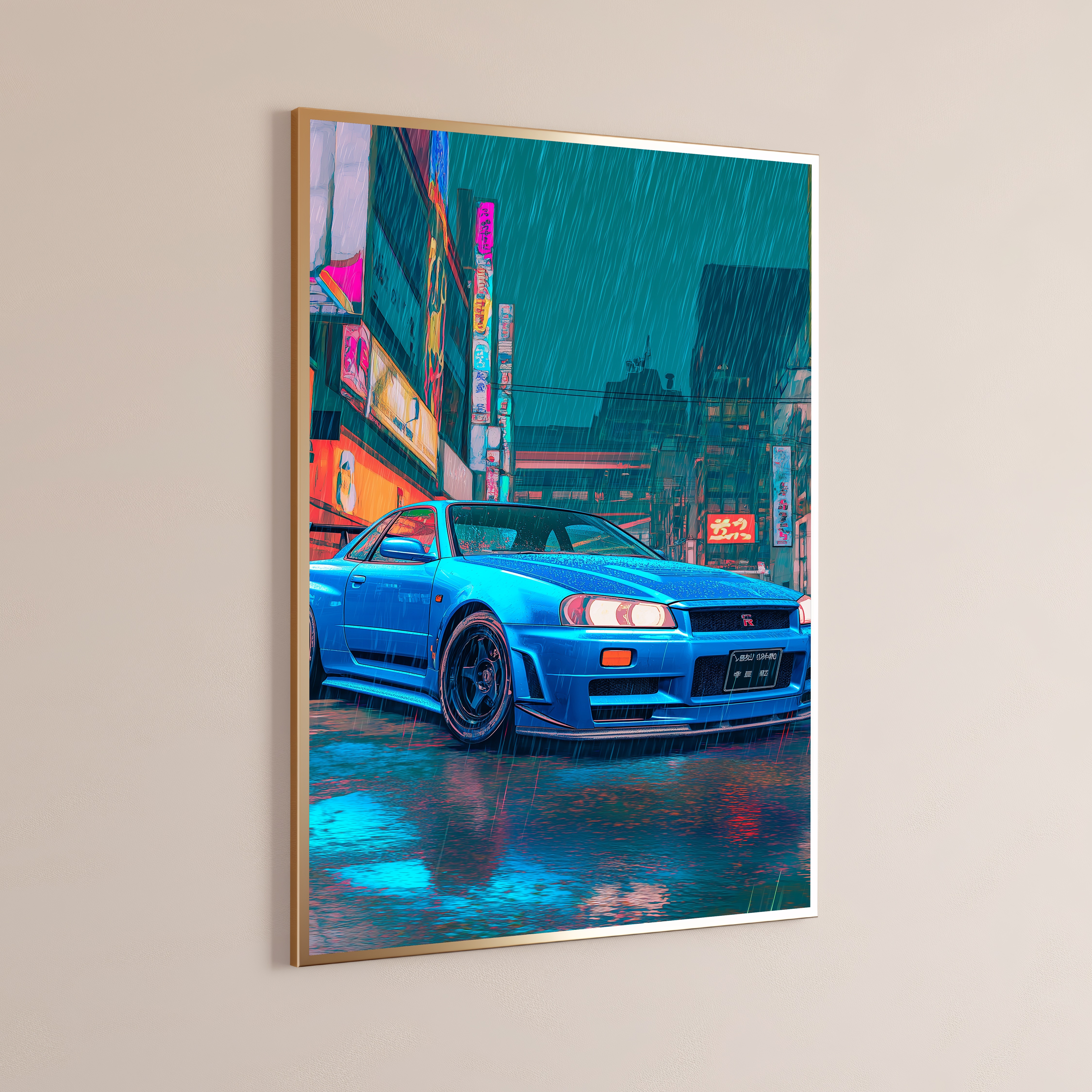 Neon Blue Sports Car Rainy City Print