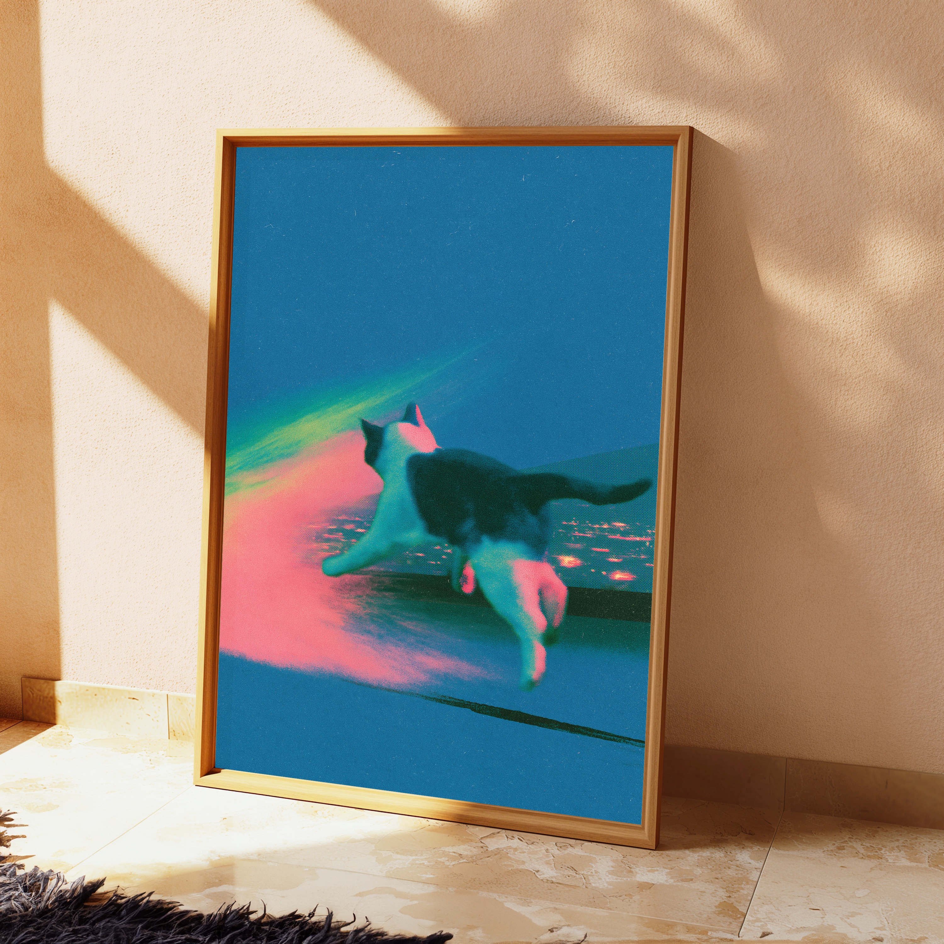 Neon Cat Silhouette Vaporwave Art Print view 2