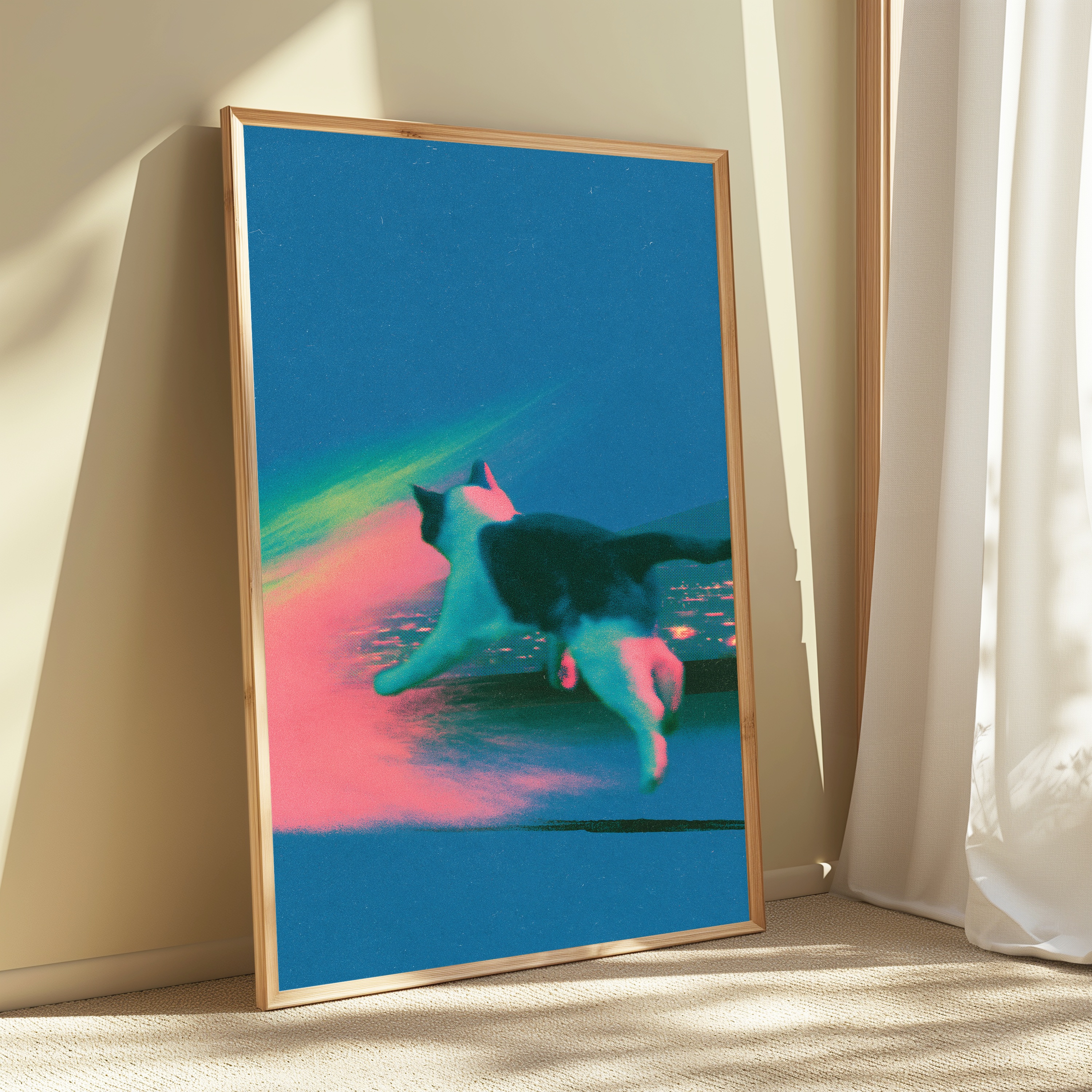 Neon Cat Silhouette Vaporwave Art Print view 3