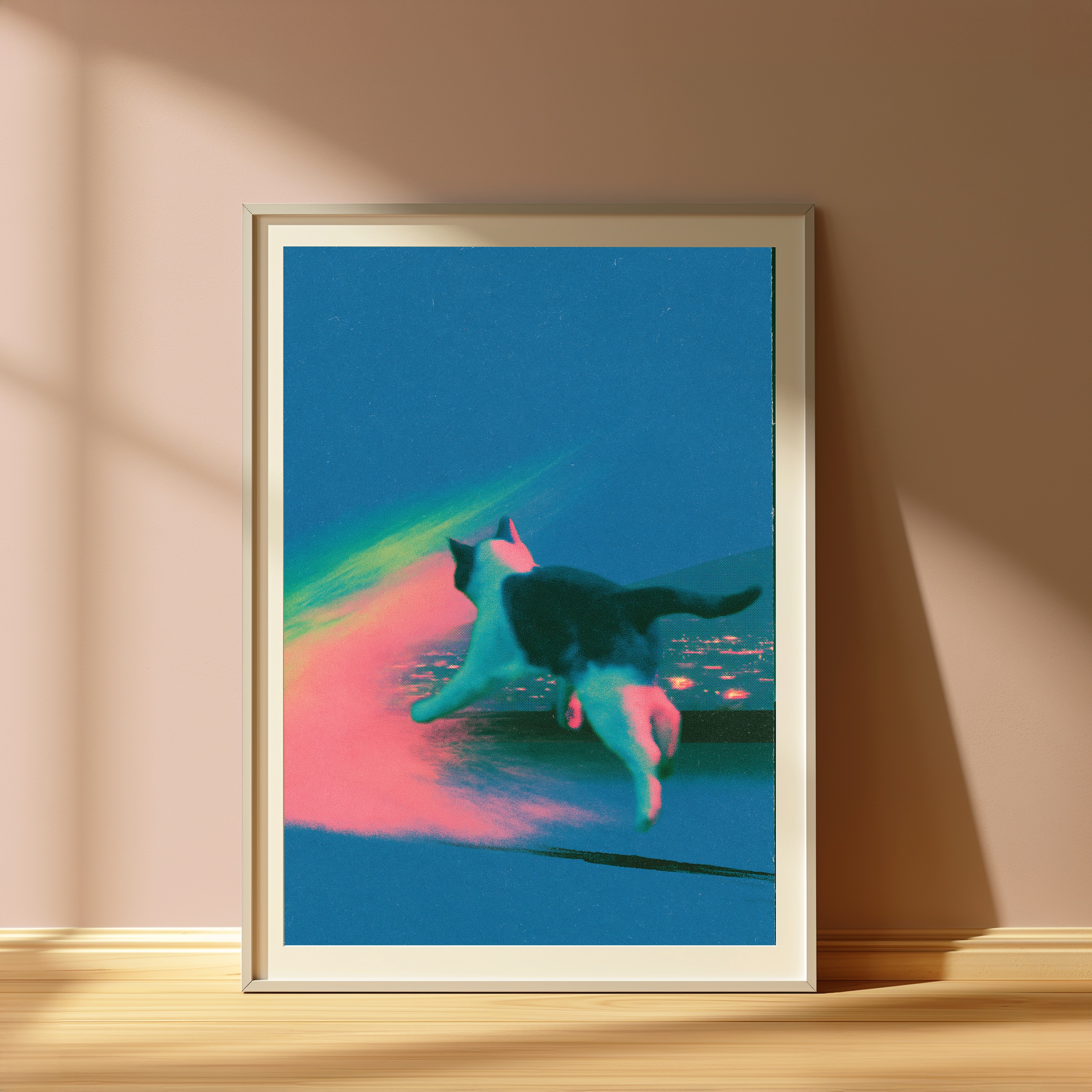 Neon Cat Silhouette Vaporwave Art Print view 4