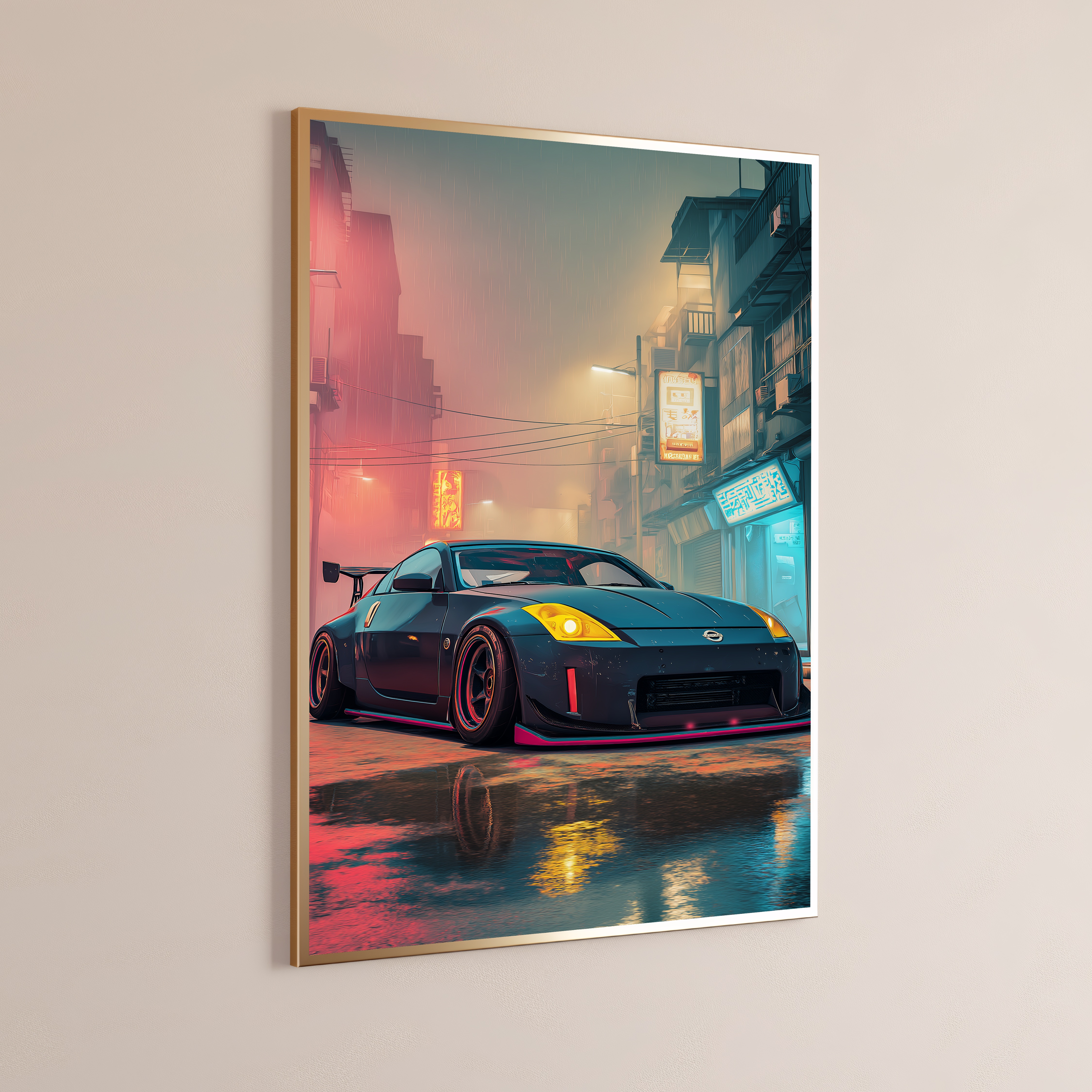 Neon Sports Car Rainy City Print