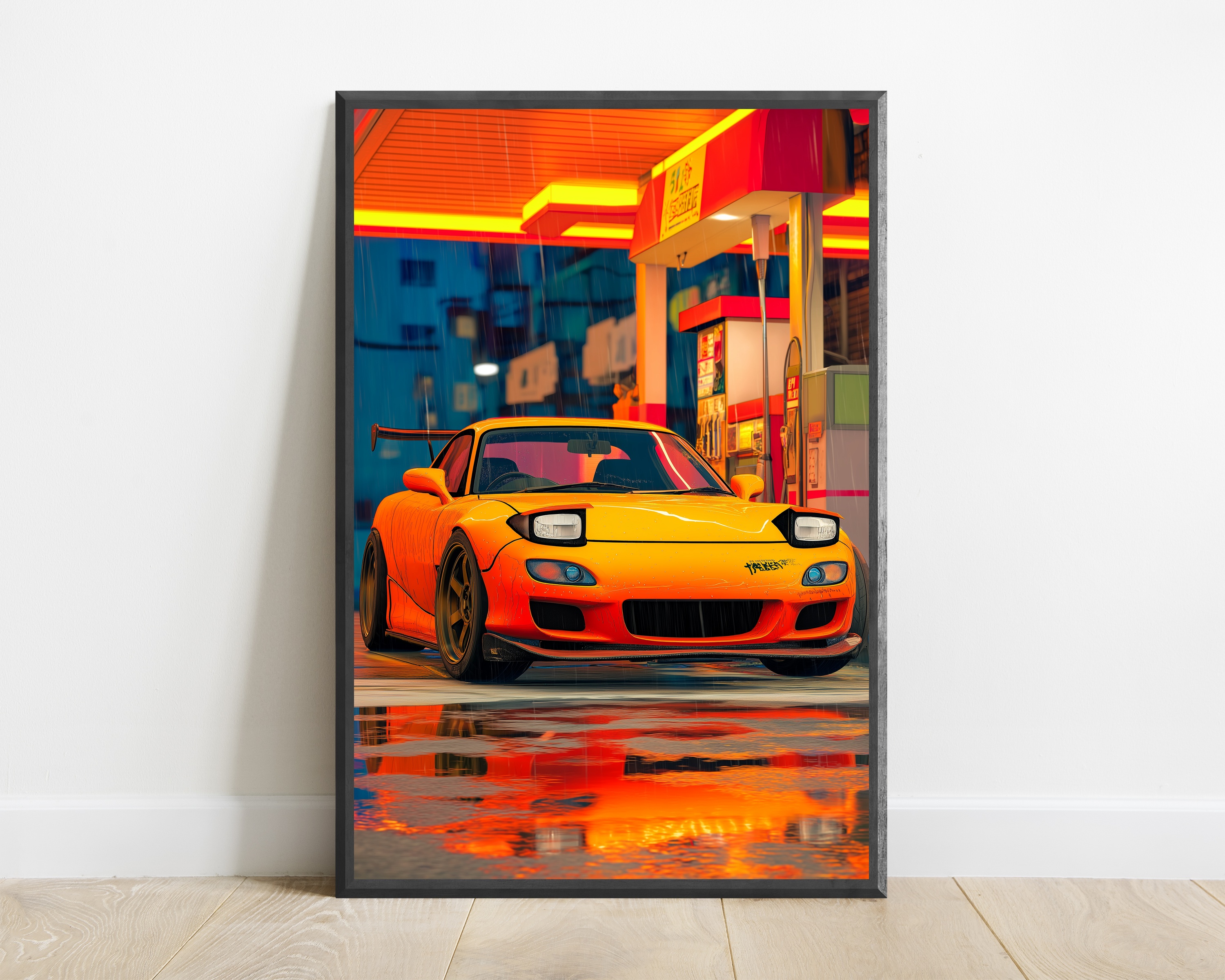 Orange Sports Car Neon City Rain Print