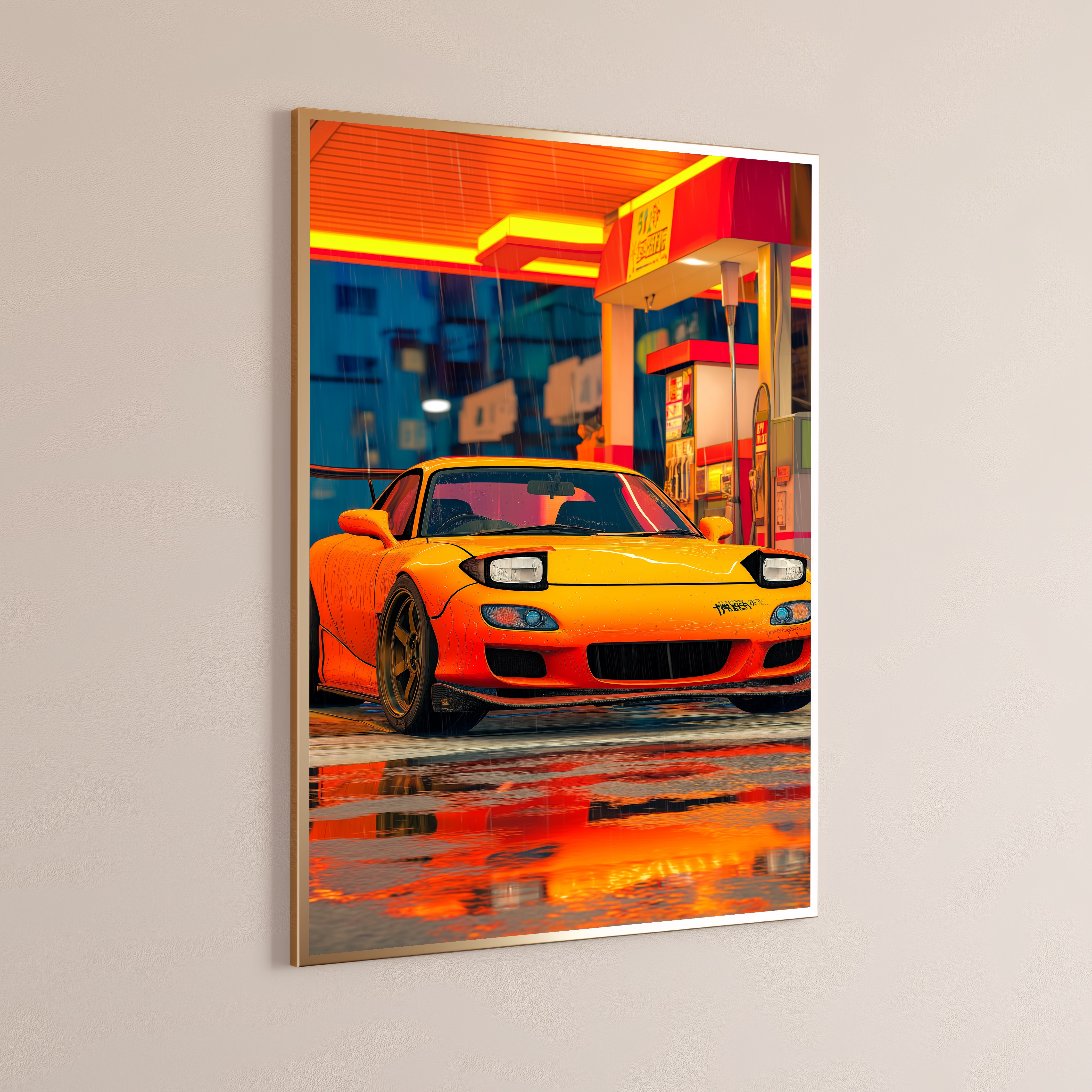 Orange Sports Car Neon City Rain Print