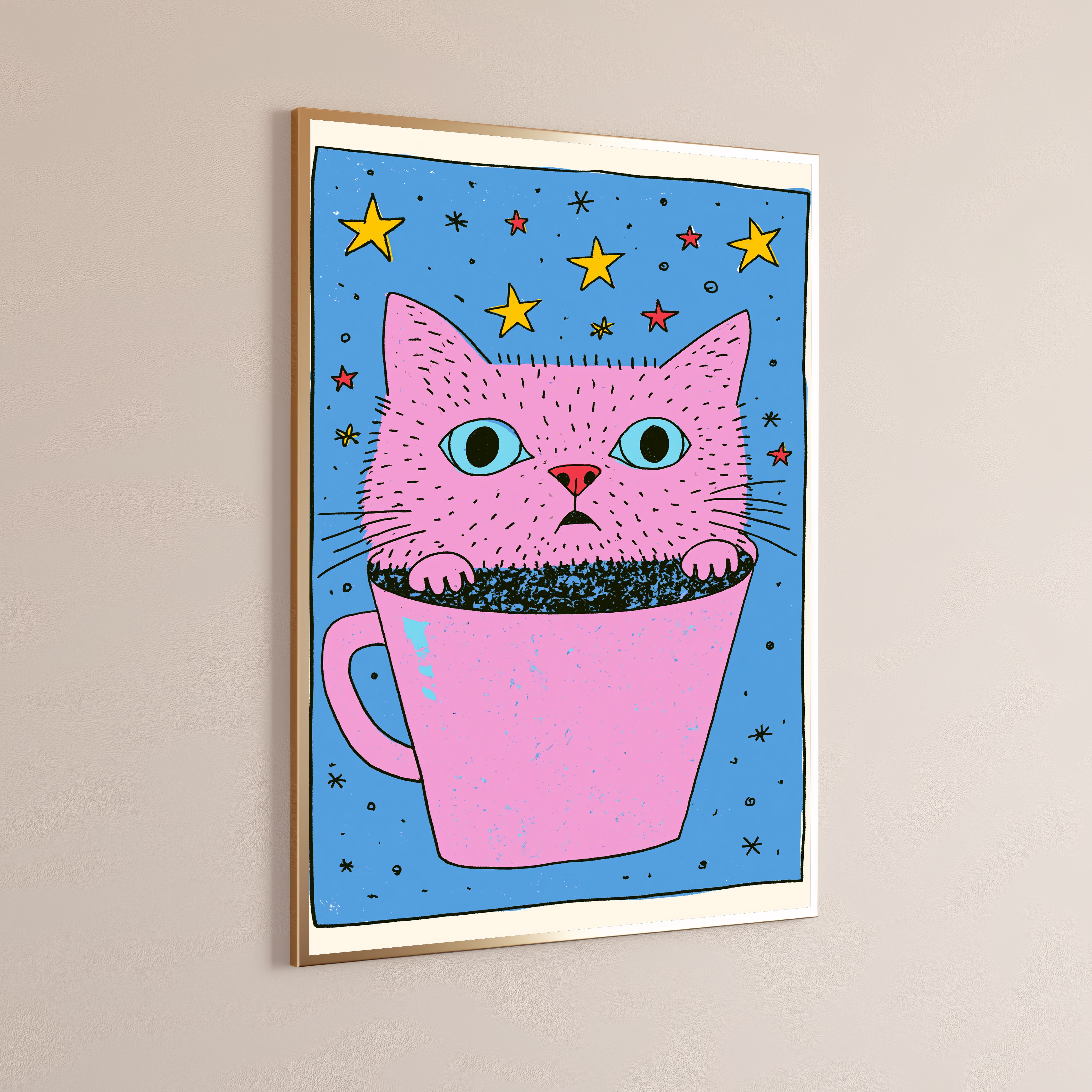 Pink Cat in Coffee Mug Stars Pop Art Print