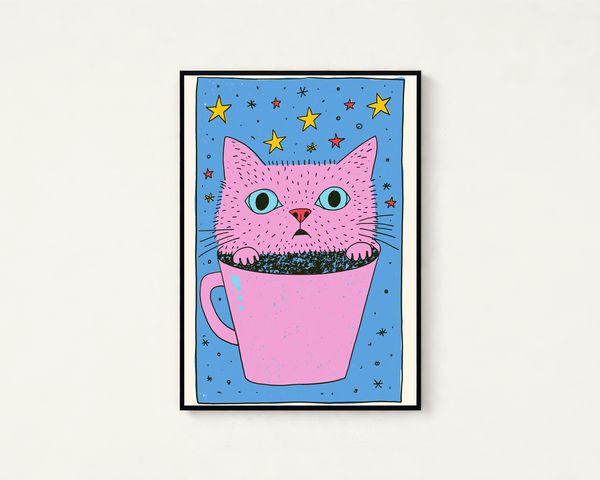 Pink Cat in Coffee Mug Pop Art Print