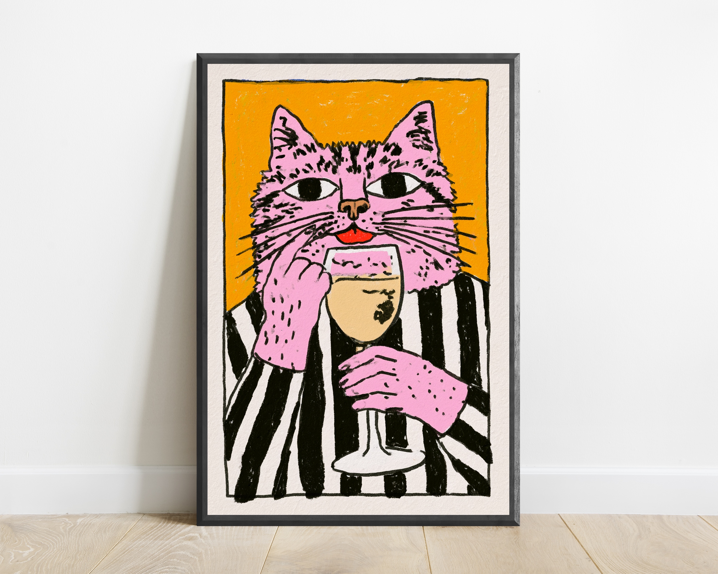 Pink Cat Wine Lover Pop Art Print — view 1