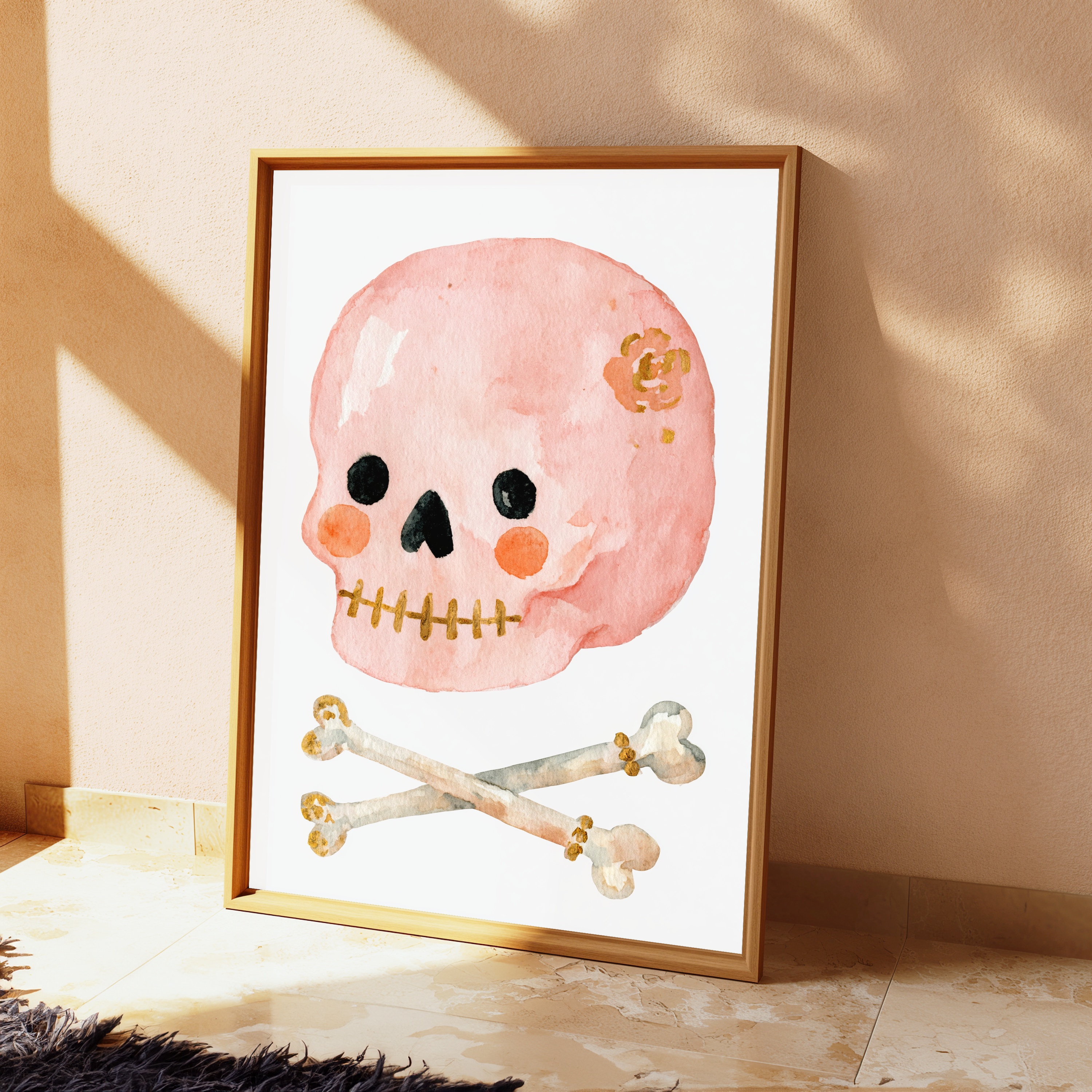 Pink Skull Crossbones Gold Stitches Pop Art view 2