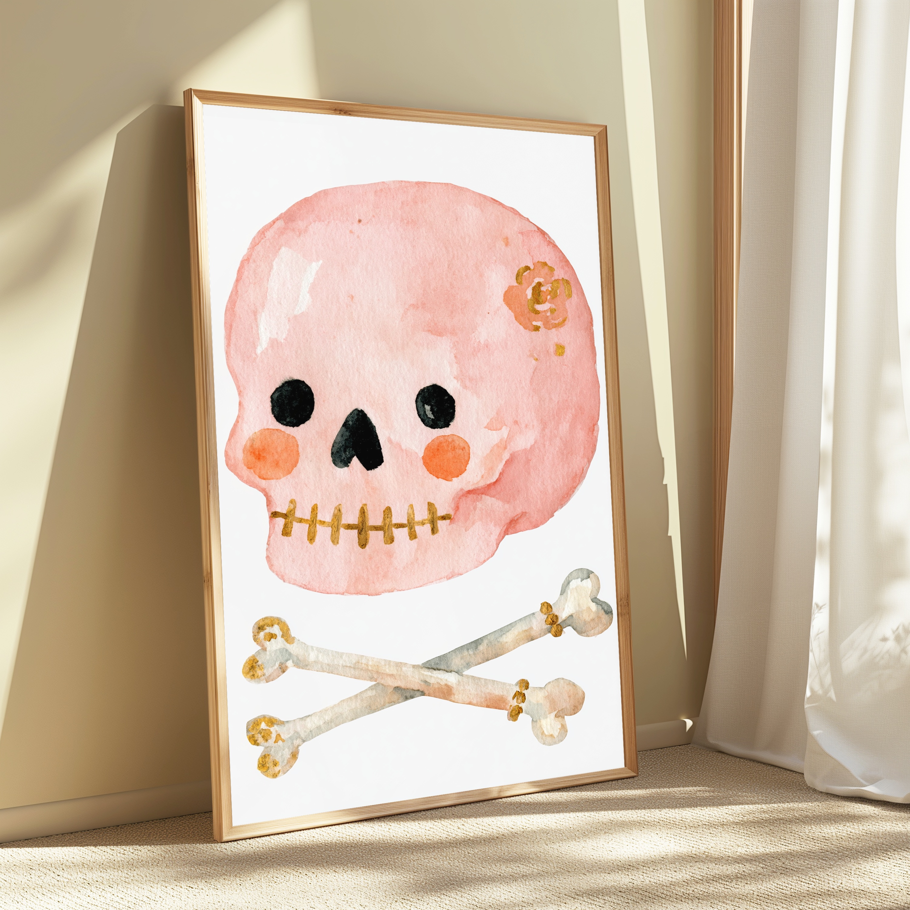 Pink Skull Crossbones Gold Stitches Pop Art view 3
