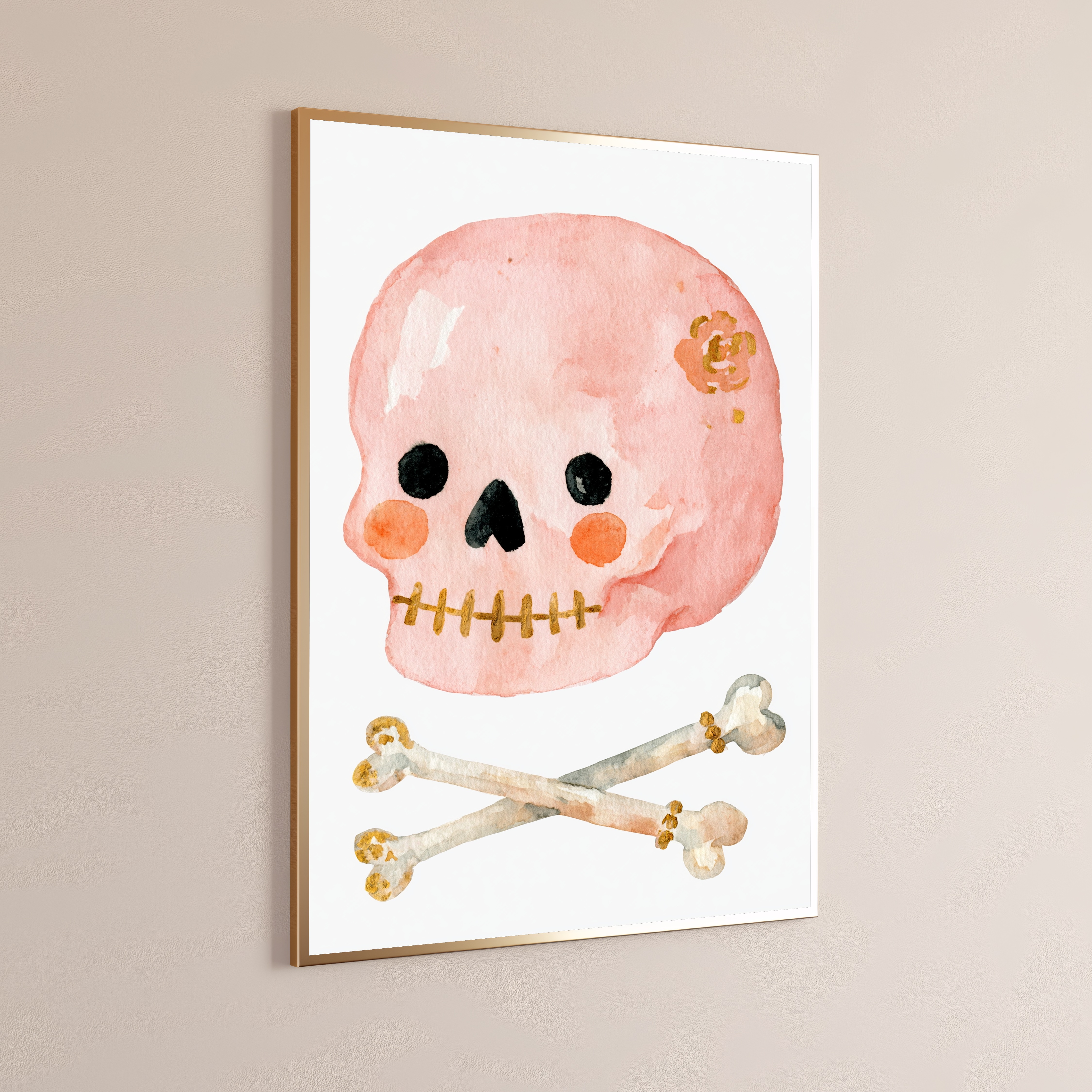 Pink Skull Crossbones Gold Stitches Pop Art