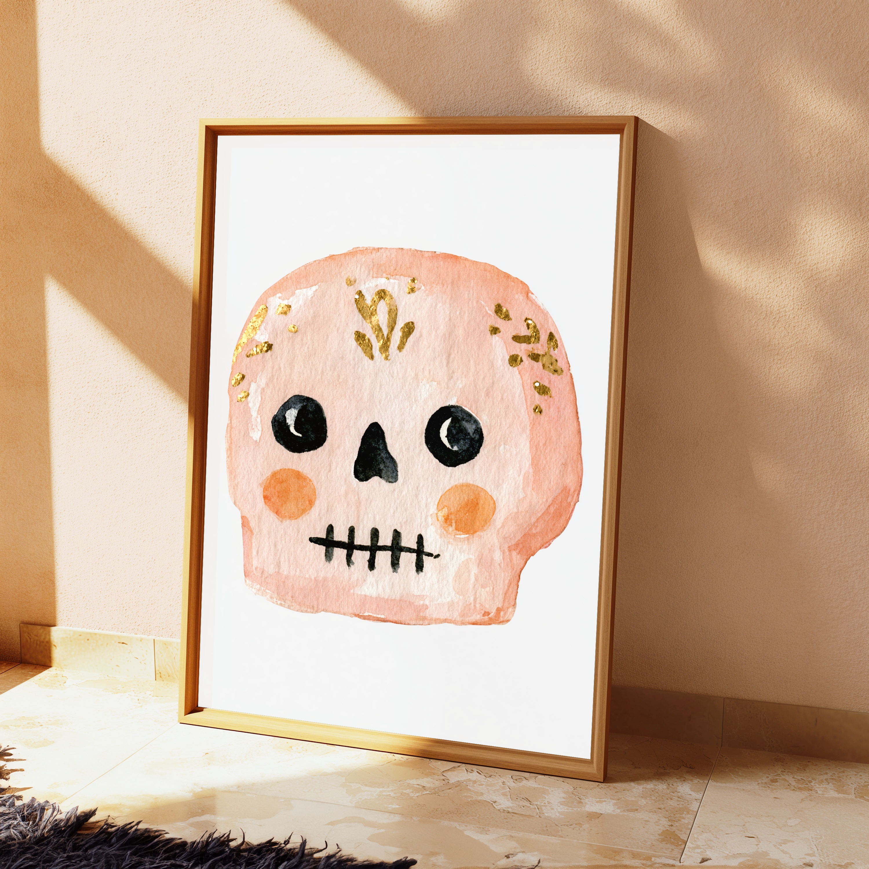 Pink Skull Gold Leaf Minimalist Art Print view 2