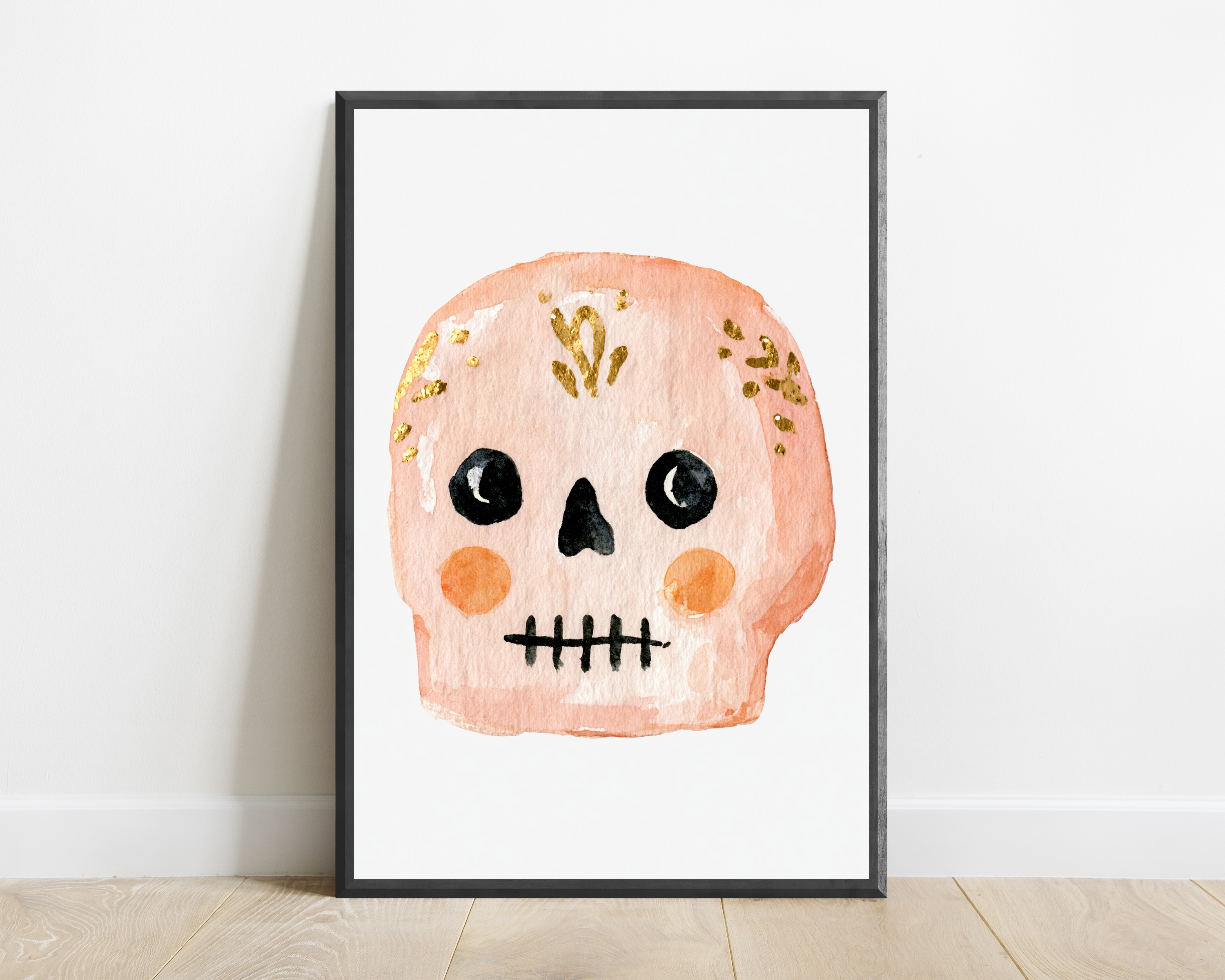 Pink Skull Gold Leaf Minimalist Art Print