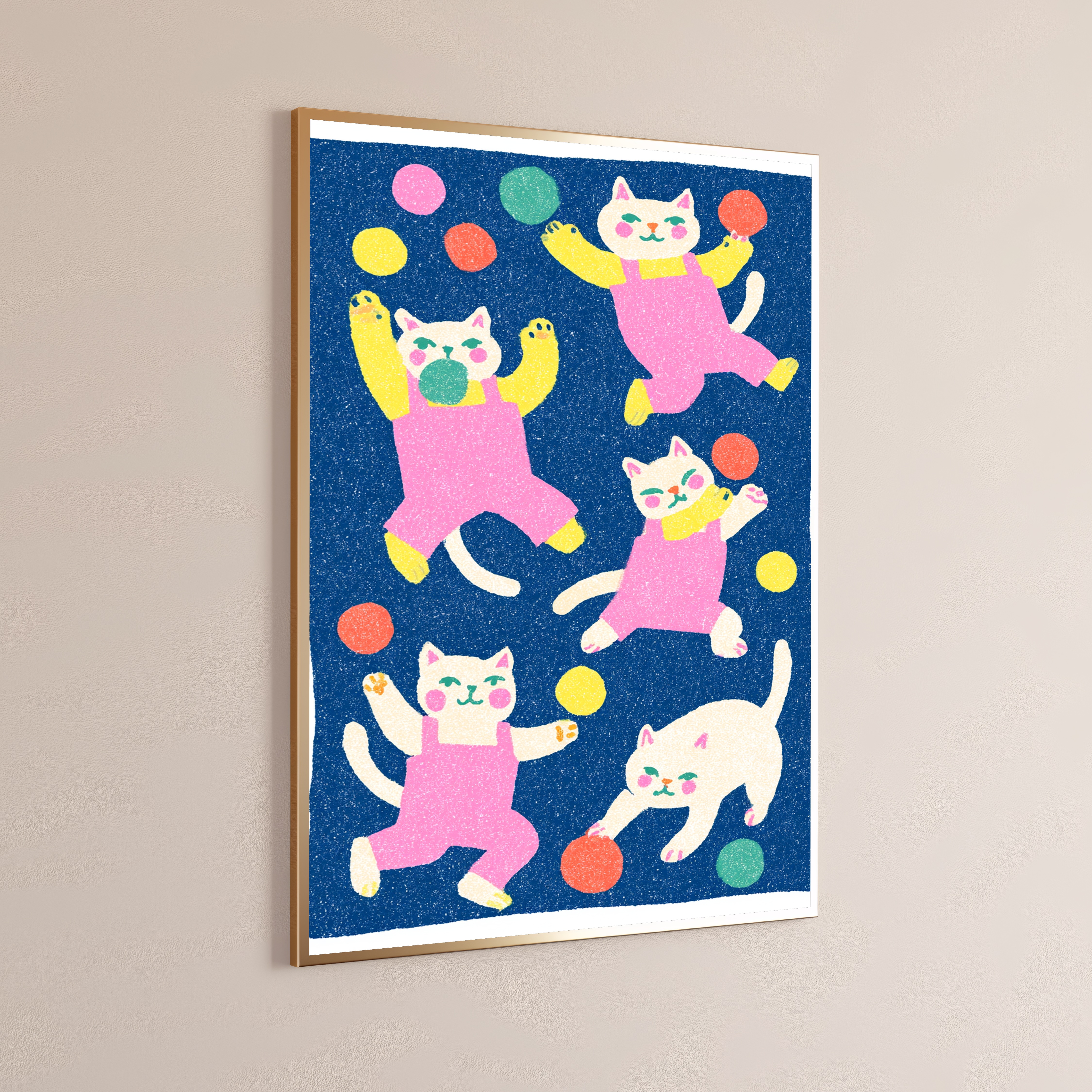 Playful Cats Juggling Colorful Balls Pop Art Print