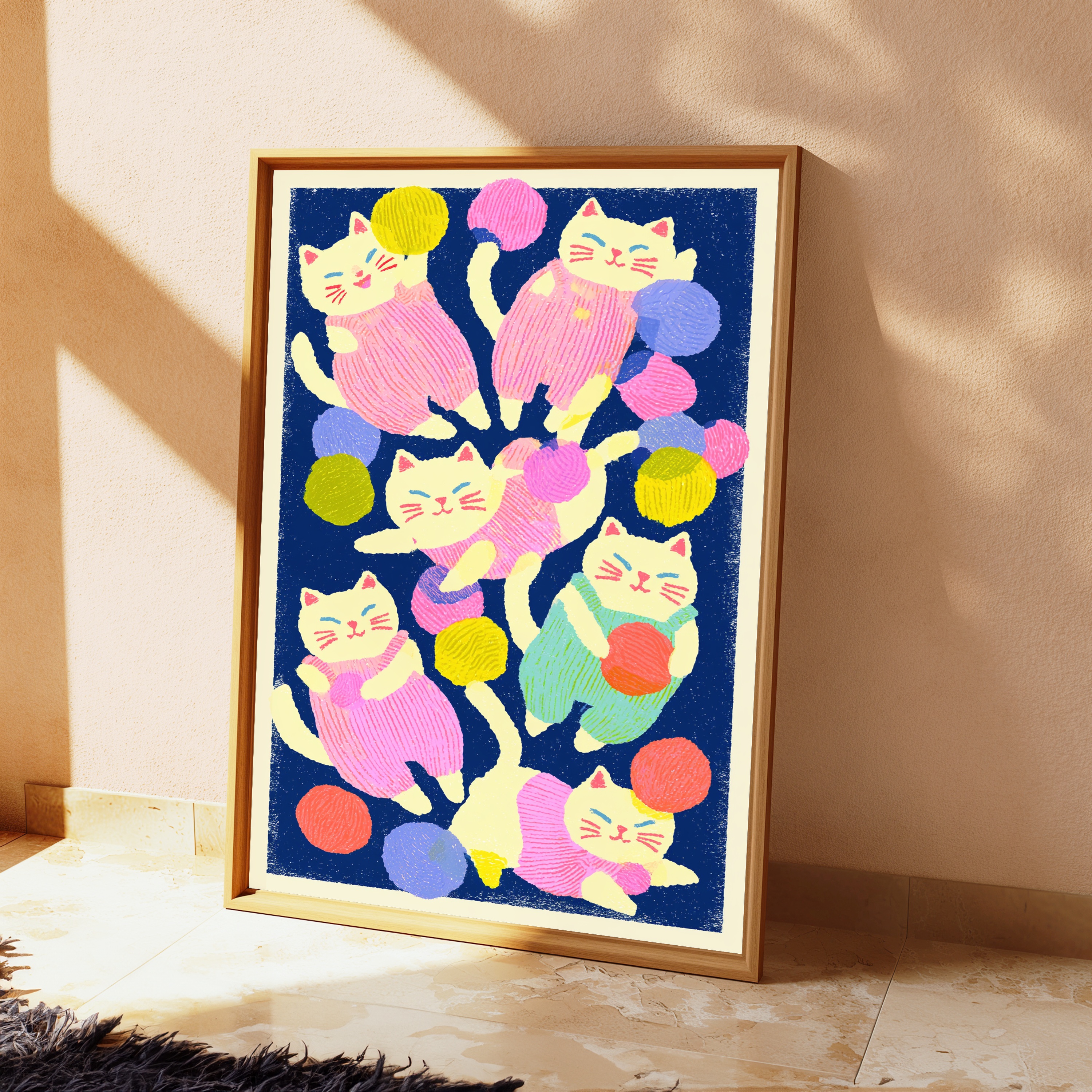 Playful Cats with Colourful Yarn Balls Pop Art Print view 2