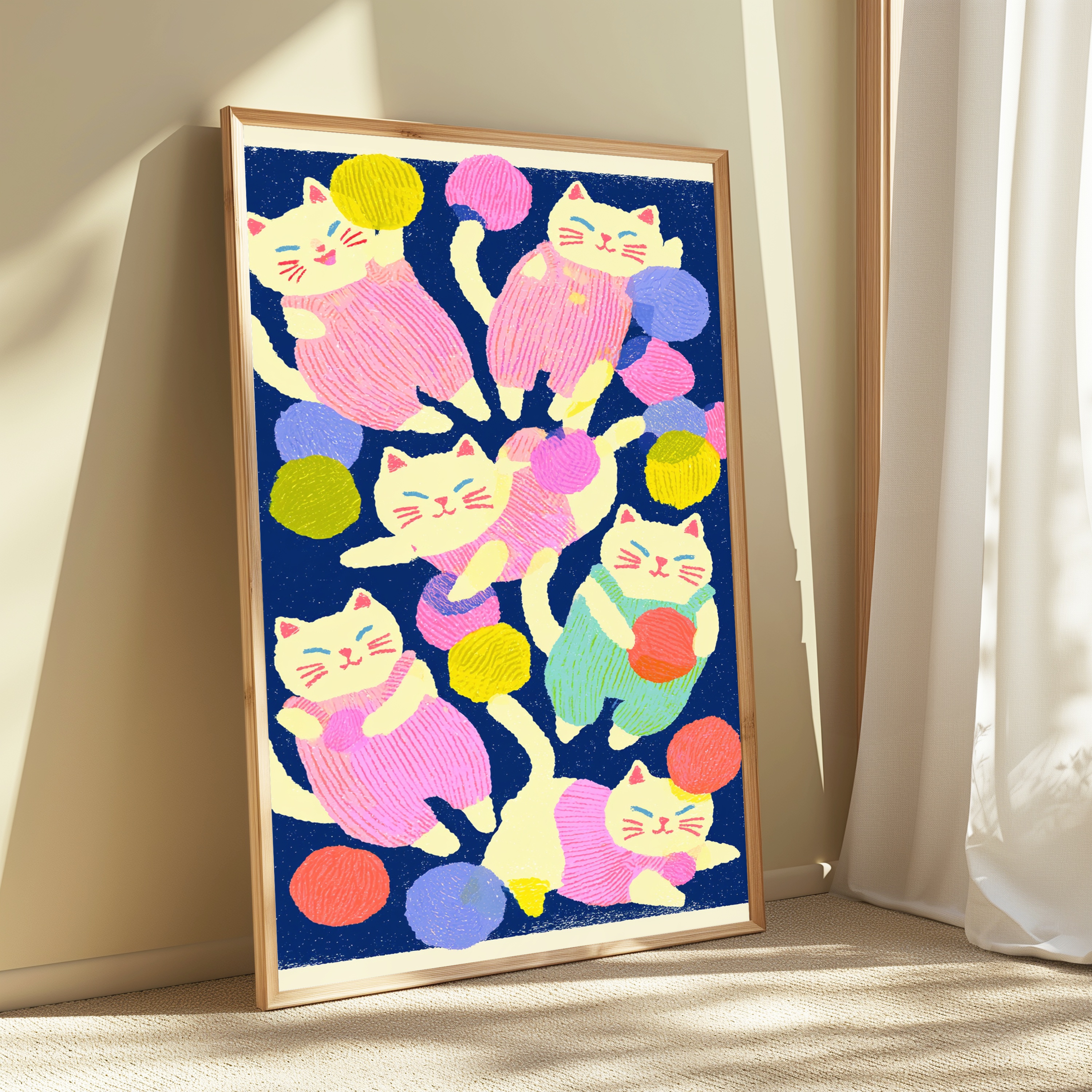 Playful Cats with Colourful Yarn Balls Pop Art Print view 3