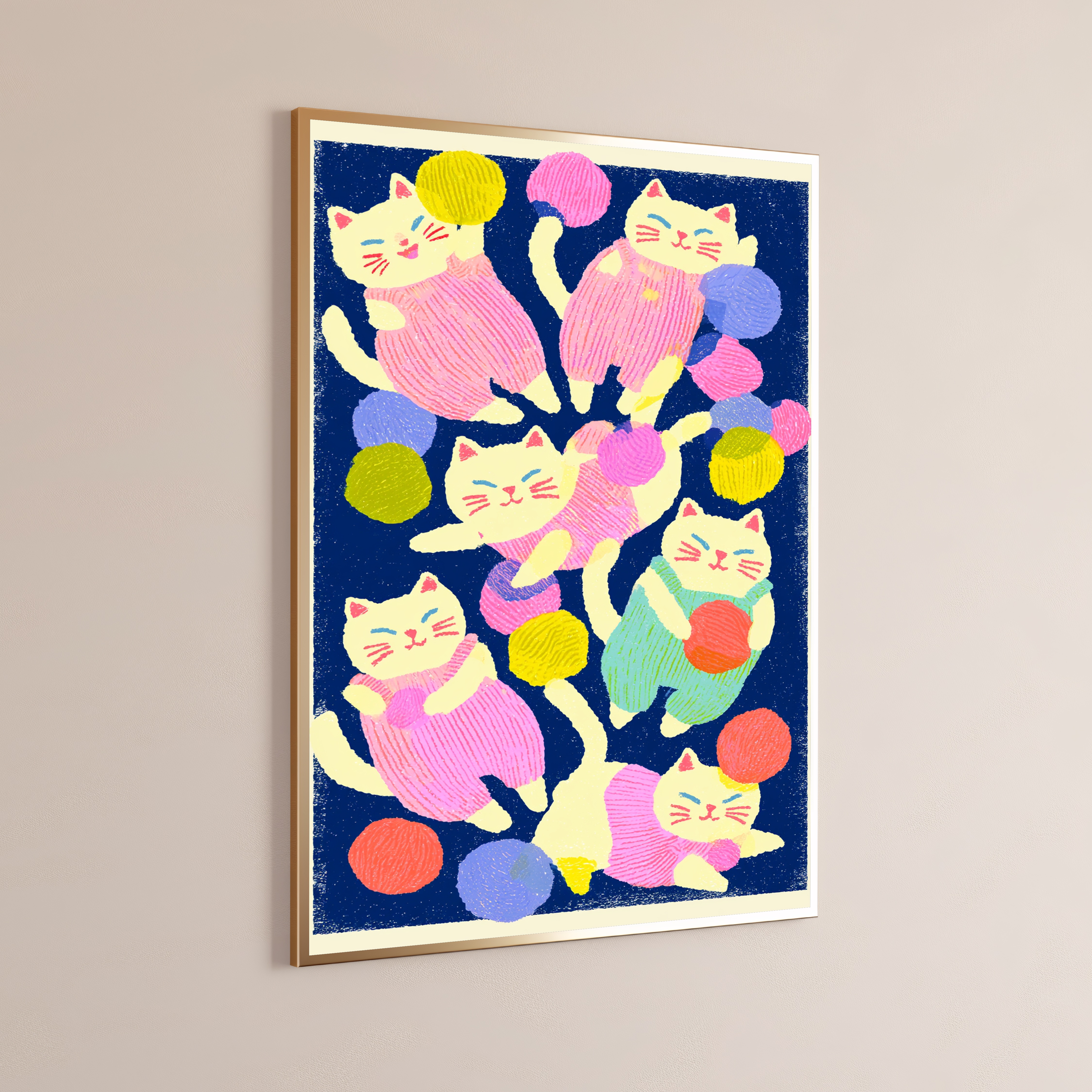 Playful Cats with Colourful Yarn Balls Pop Art Print