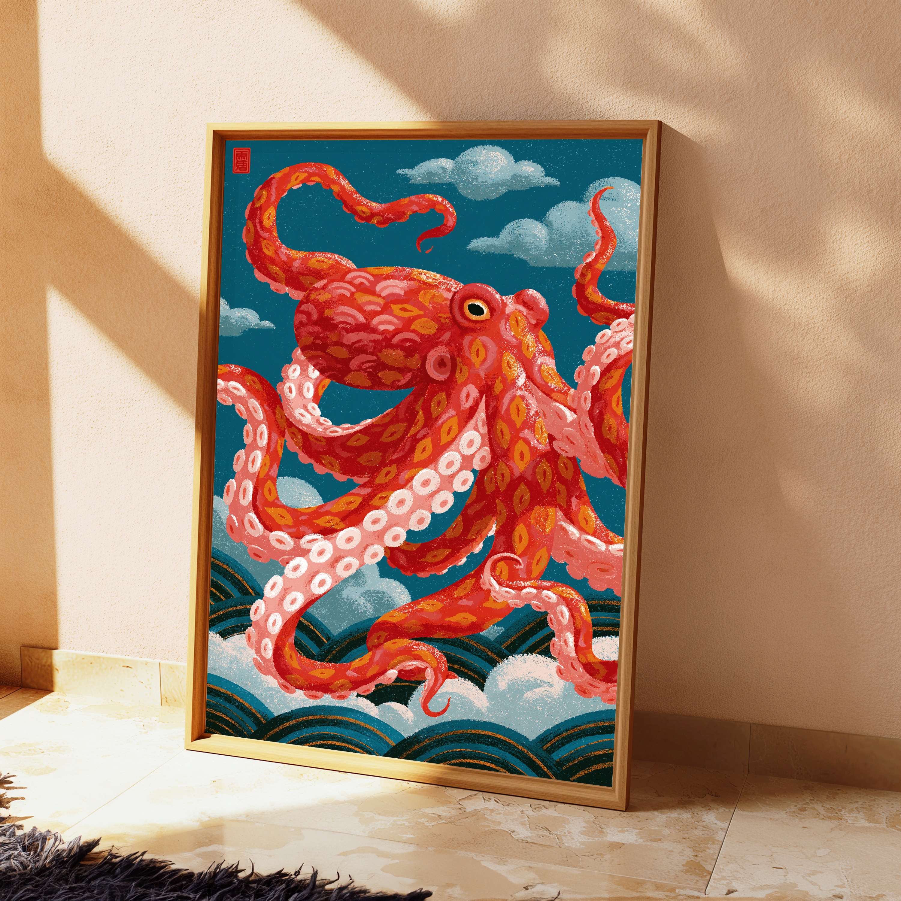 Red Octopus Clouds Japanese Art Print view 2