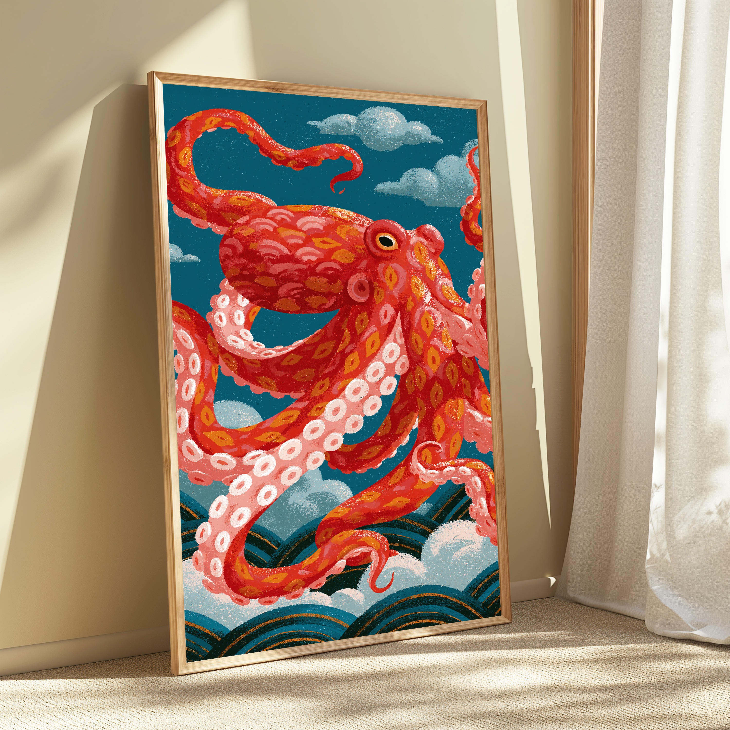 Red Octopus Clouds Japanese Art Print view 3