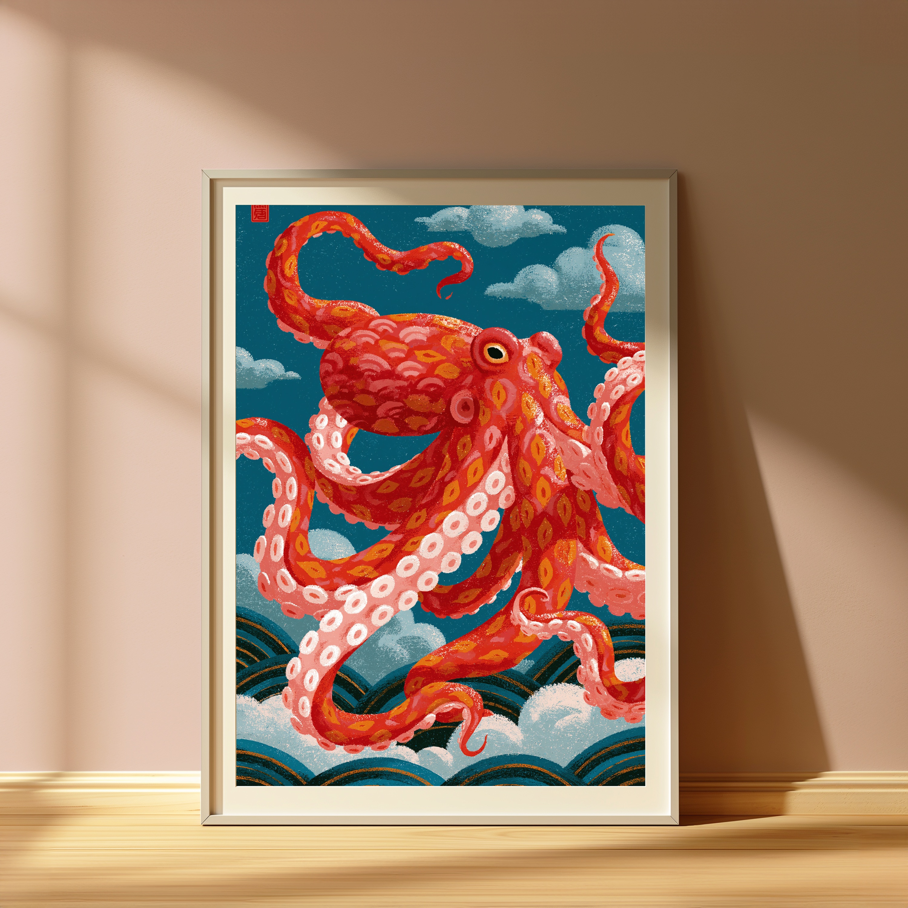 Red Octopus Clouds Japanese Art Print view 4