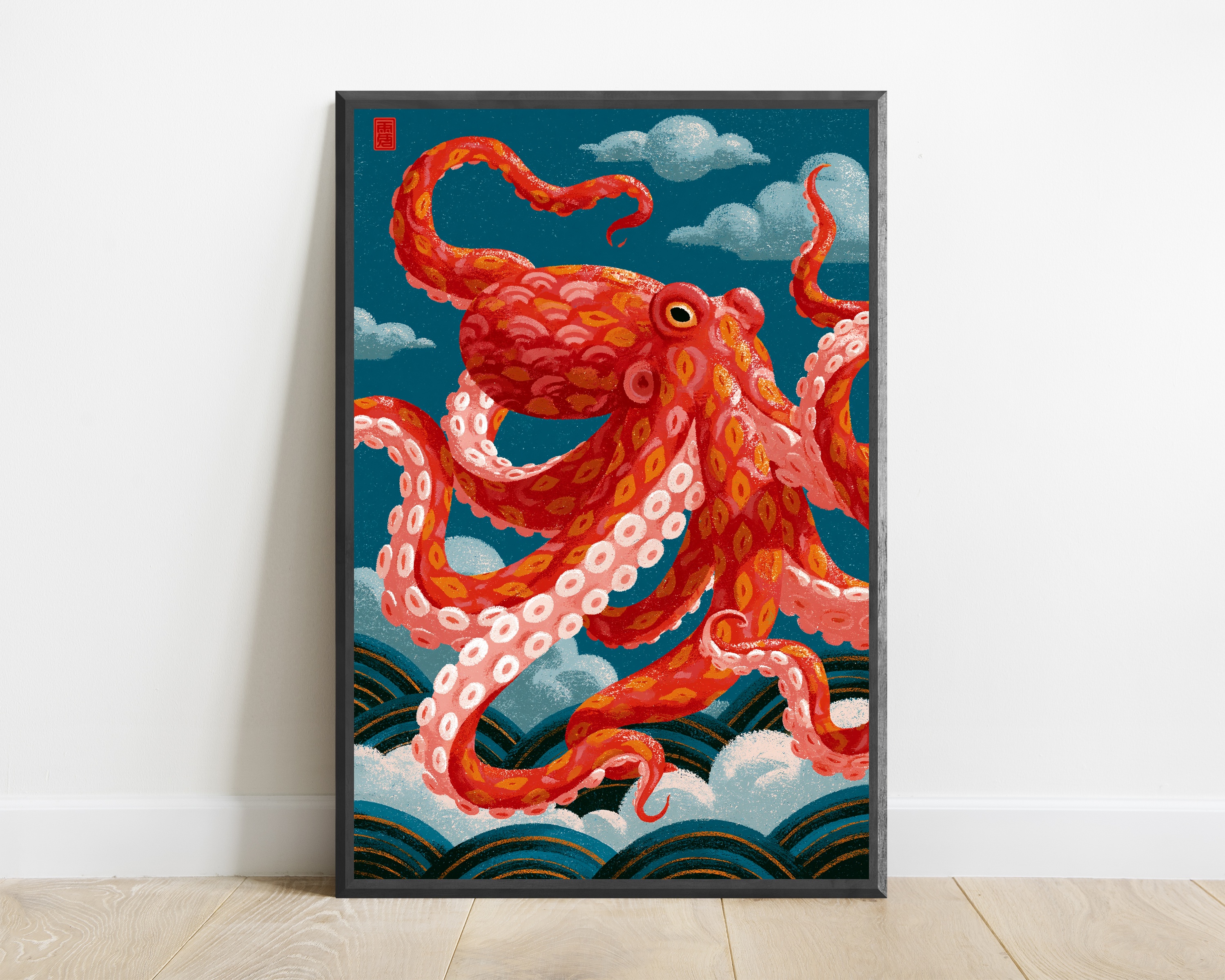 Red Octopus Clouds Japanese Art Print