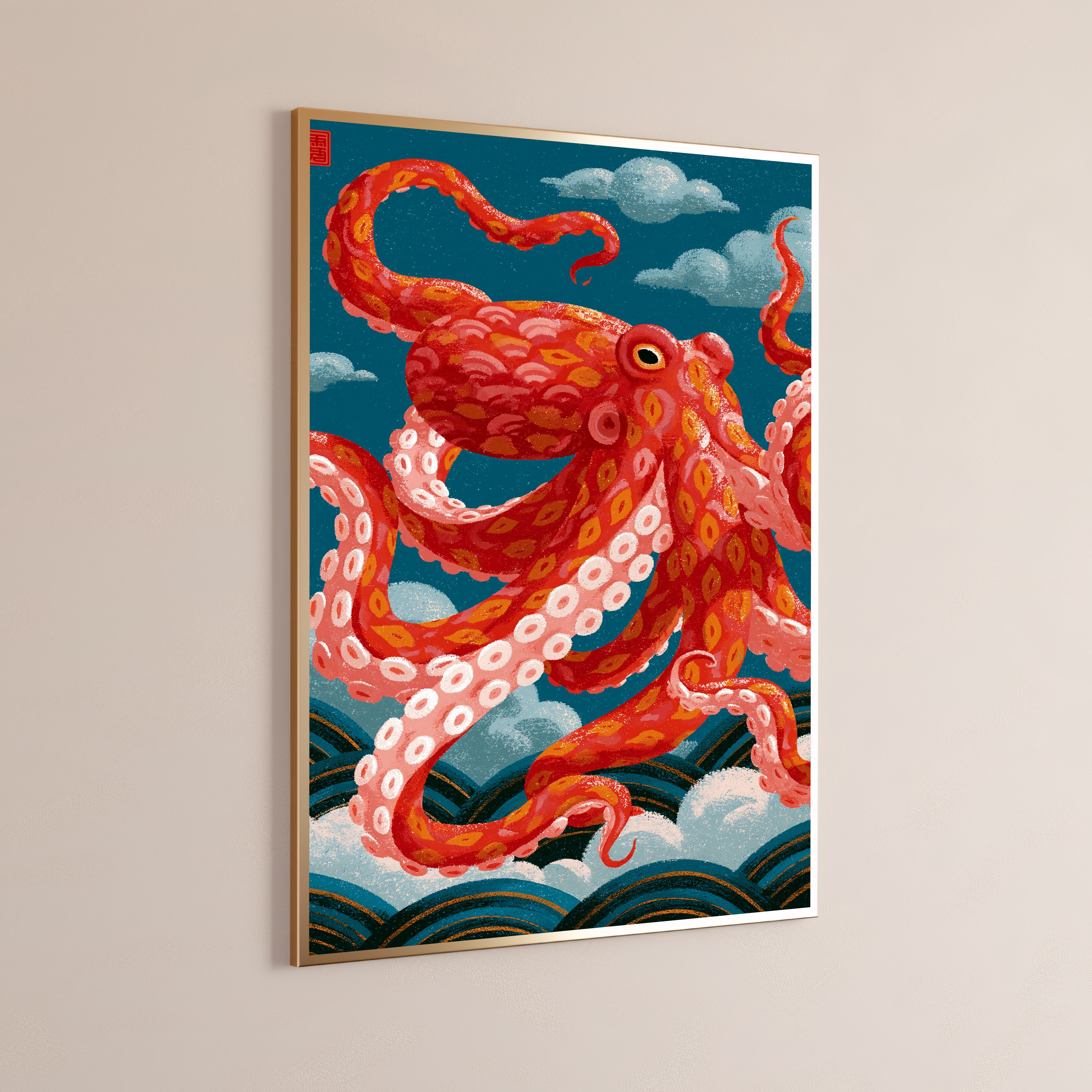 Red Octopus Clouds Japanese Art Print
