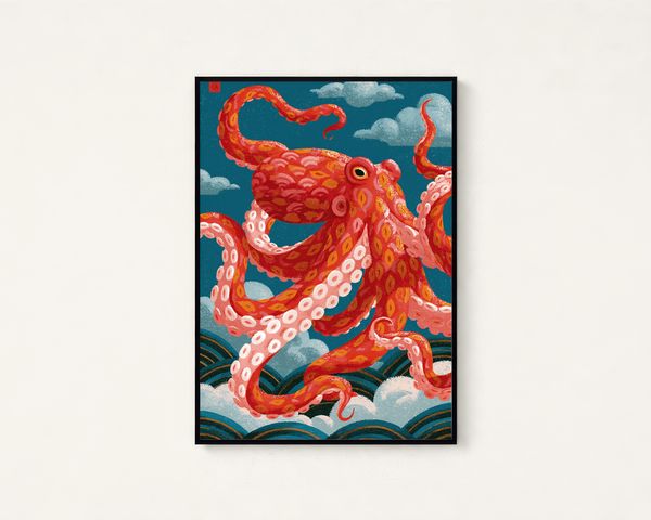 Red Octopus Clouds Japanese Art Print