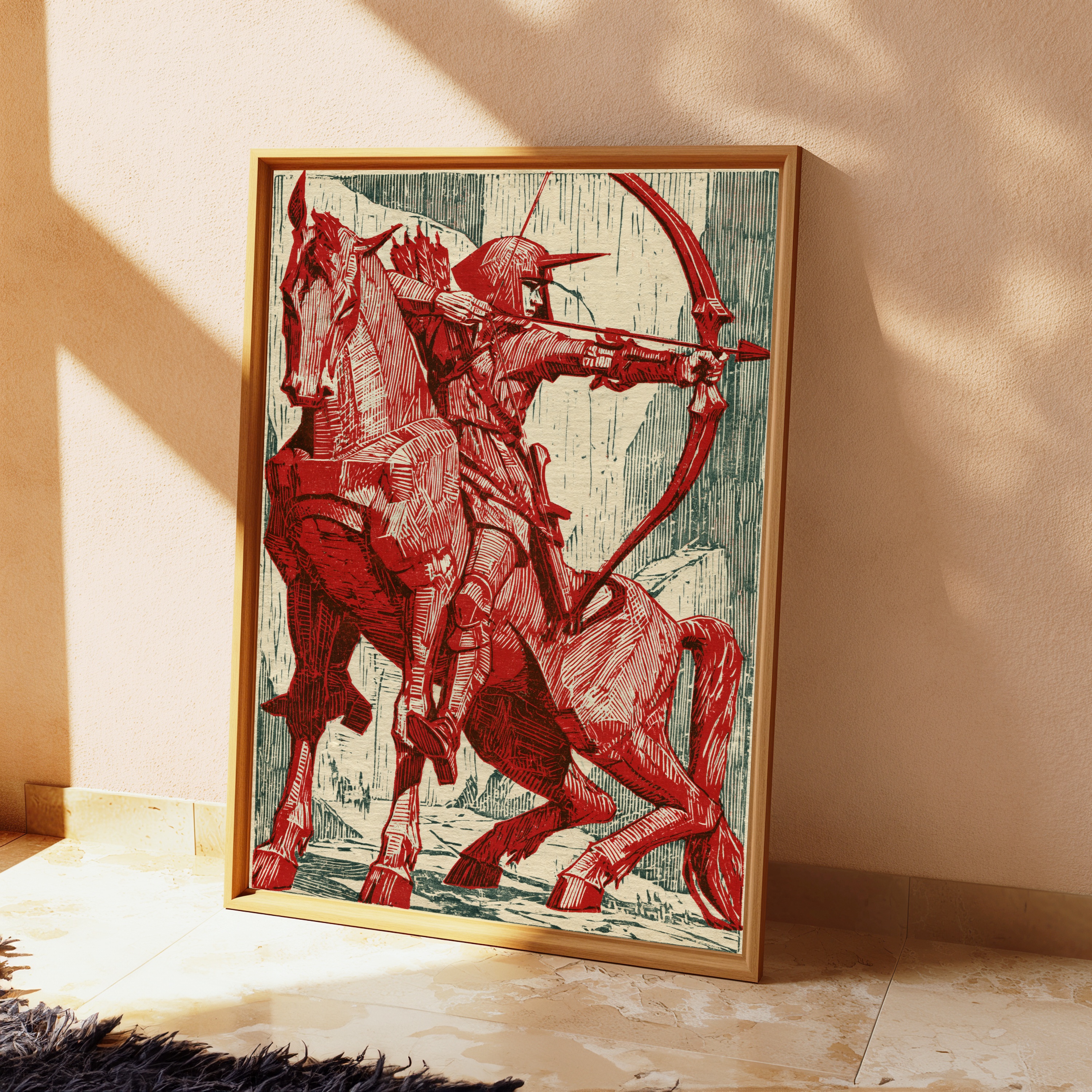 Red Warrior Archer Woodblock Print view 2